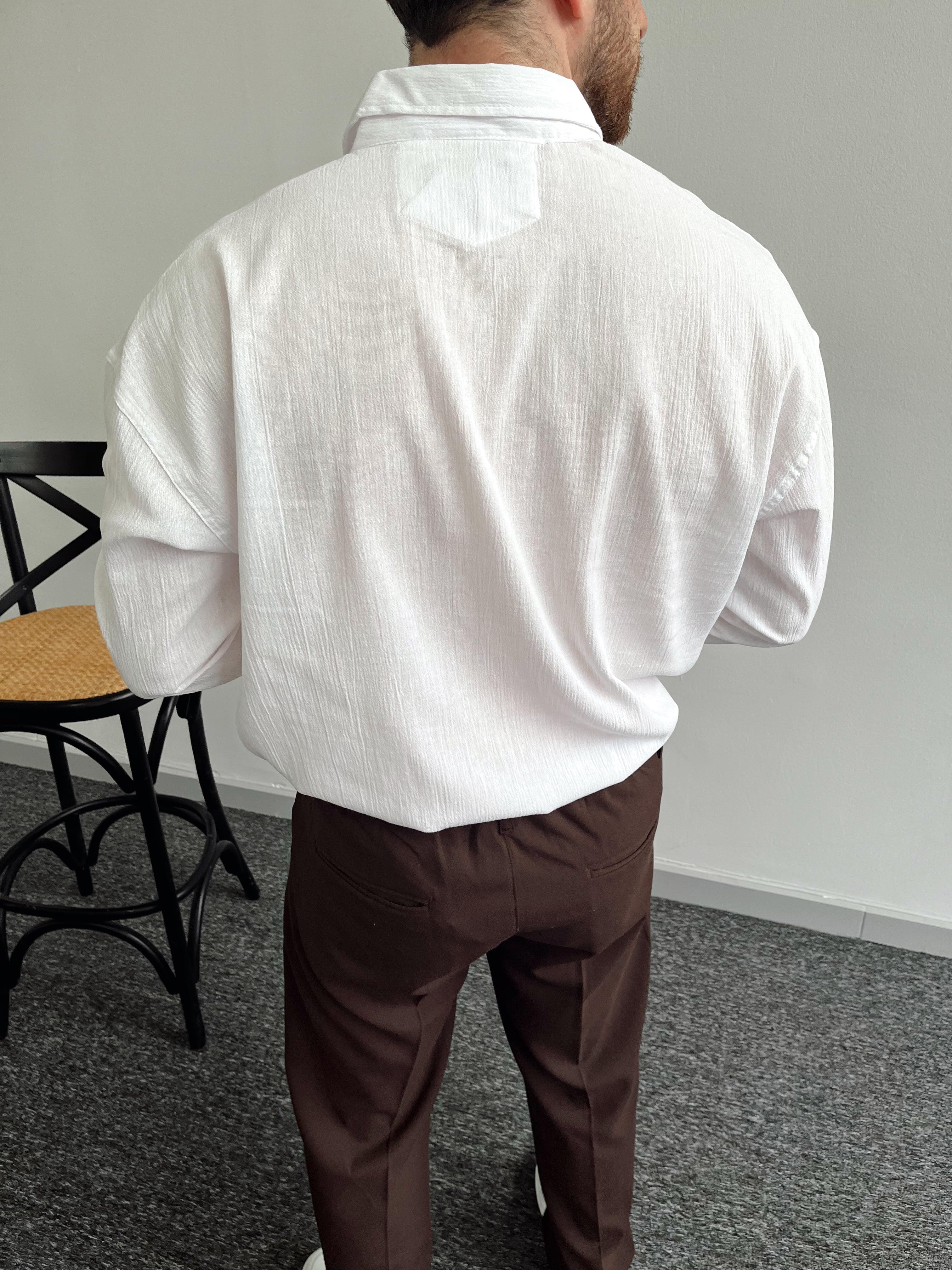 Erkek Dökümlü Oversize Keten Gömlek-Beyaz(E1019)Ketench
