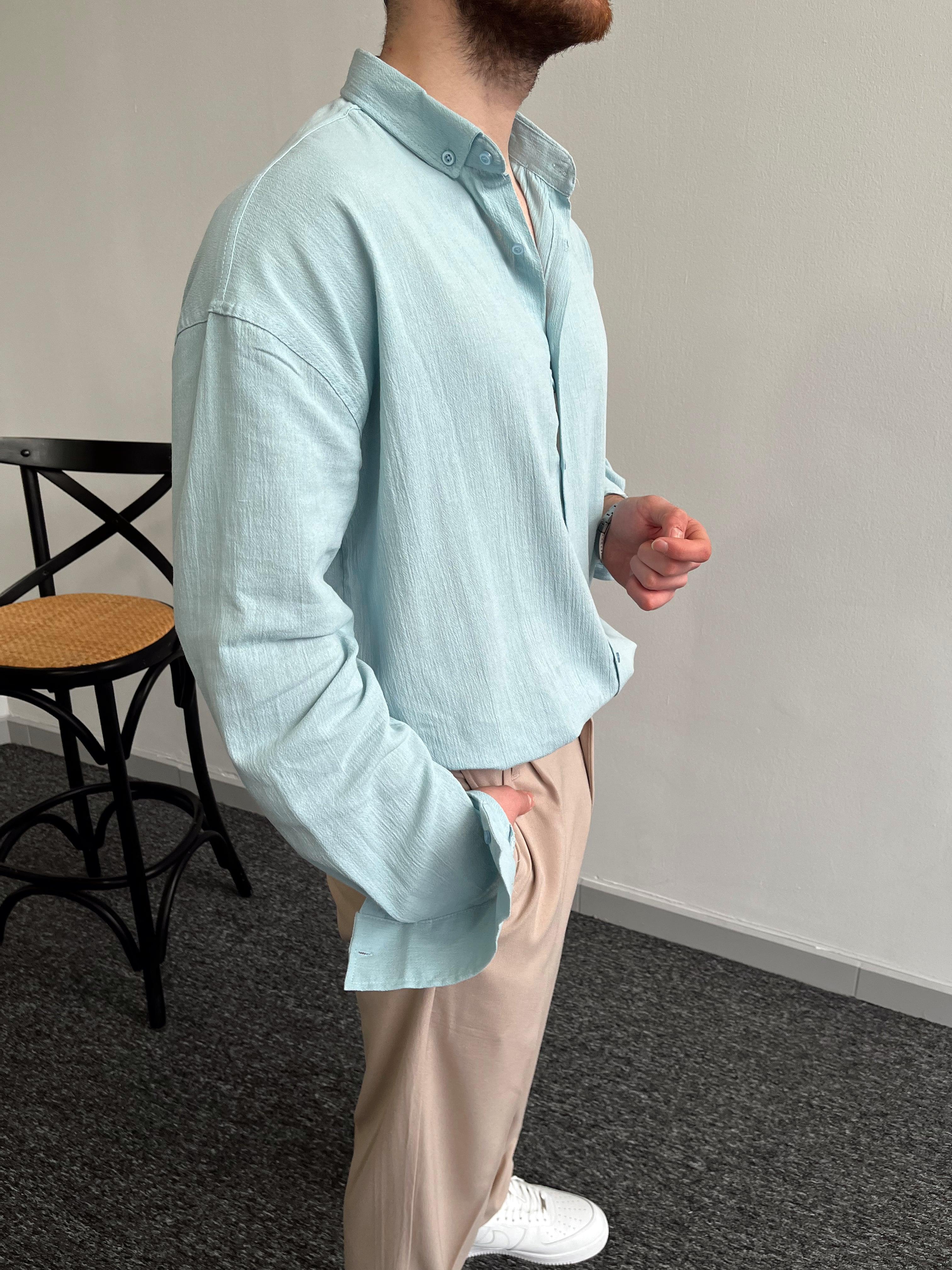 Erkek Dökümlü Oversize Keten Gömlek-Bebe Mavi(E1019)Ketench