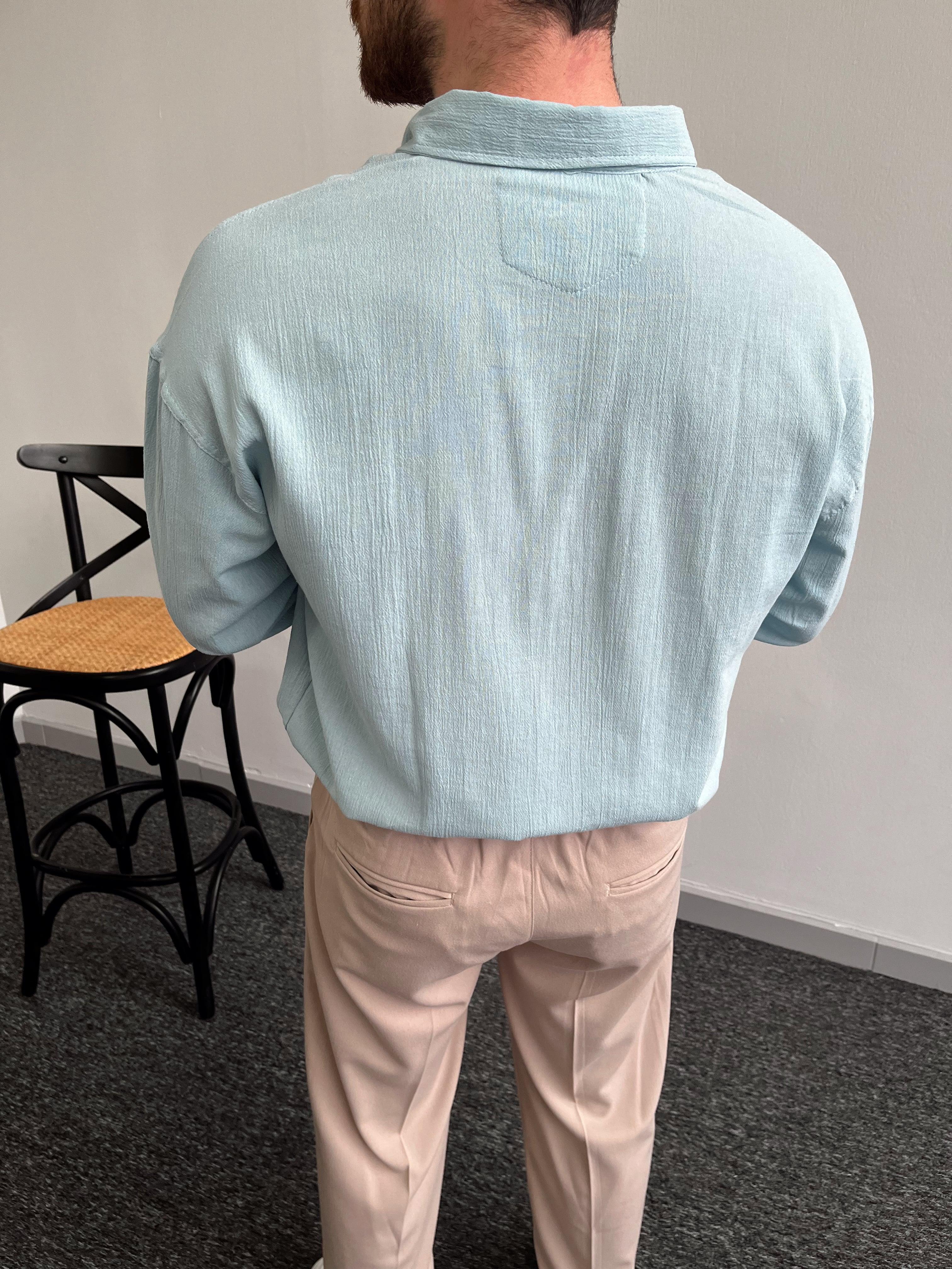 Erkek Dökümlü Oversize Keten Gömlek-Bebe Mavi(E1019)Ketench