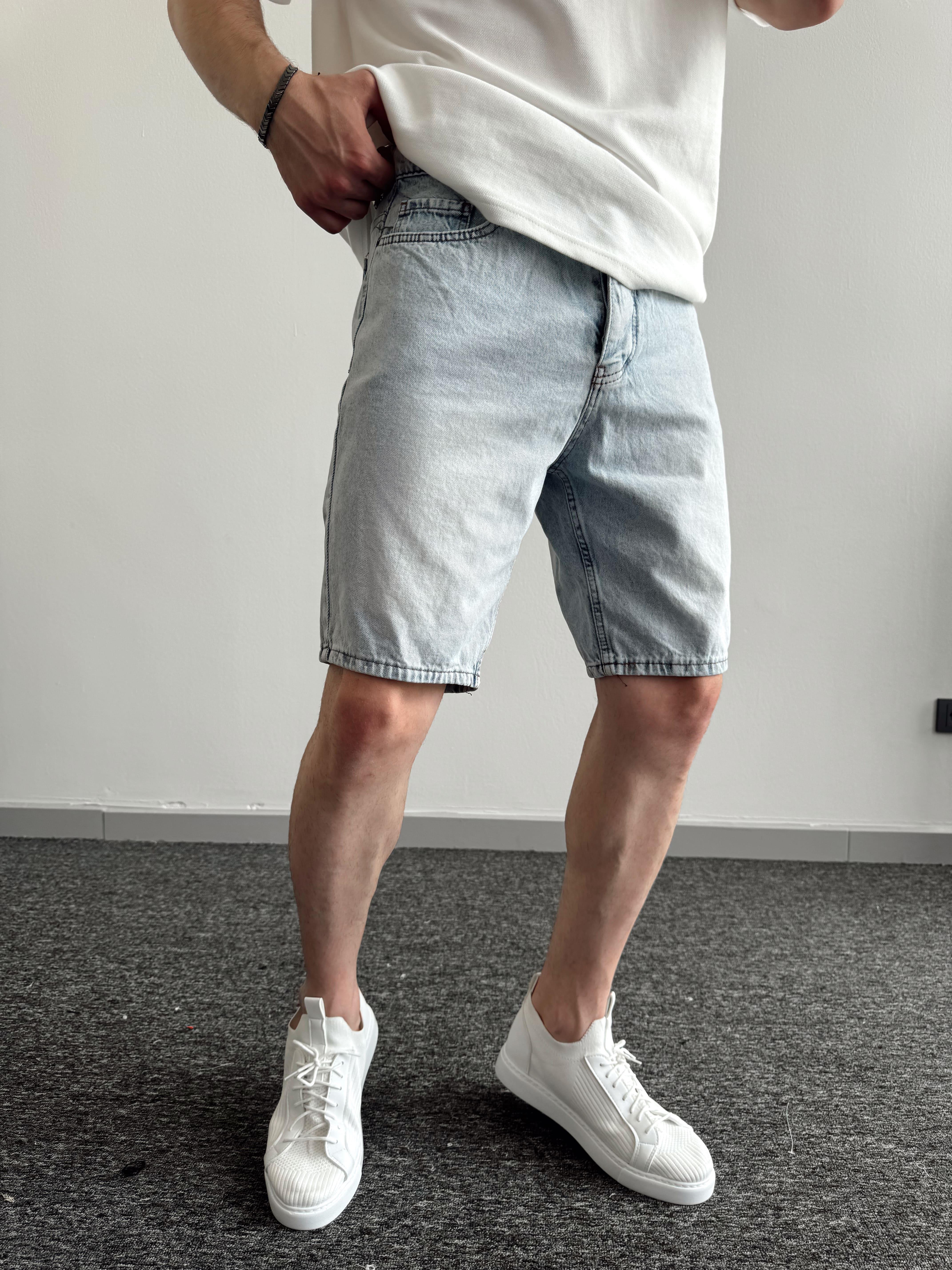 Erkek Düğmeli Oversize Kot Şort-Kar Yıkama(E1091)Ketench