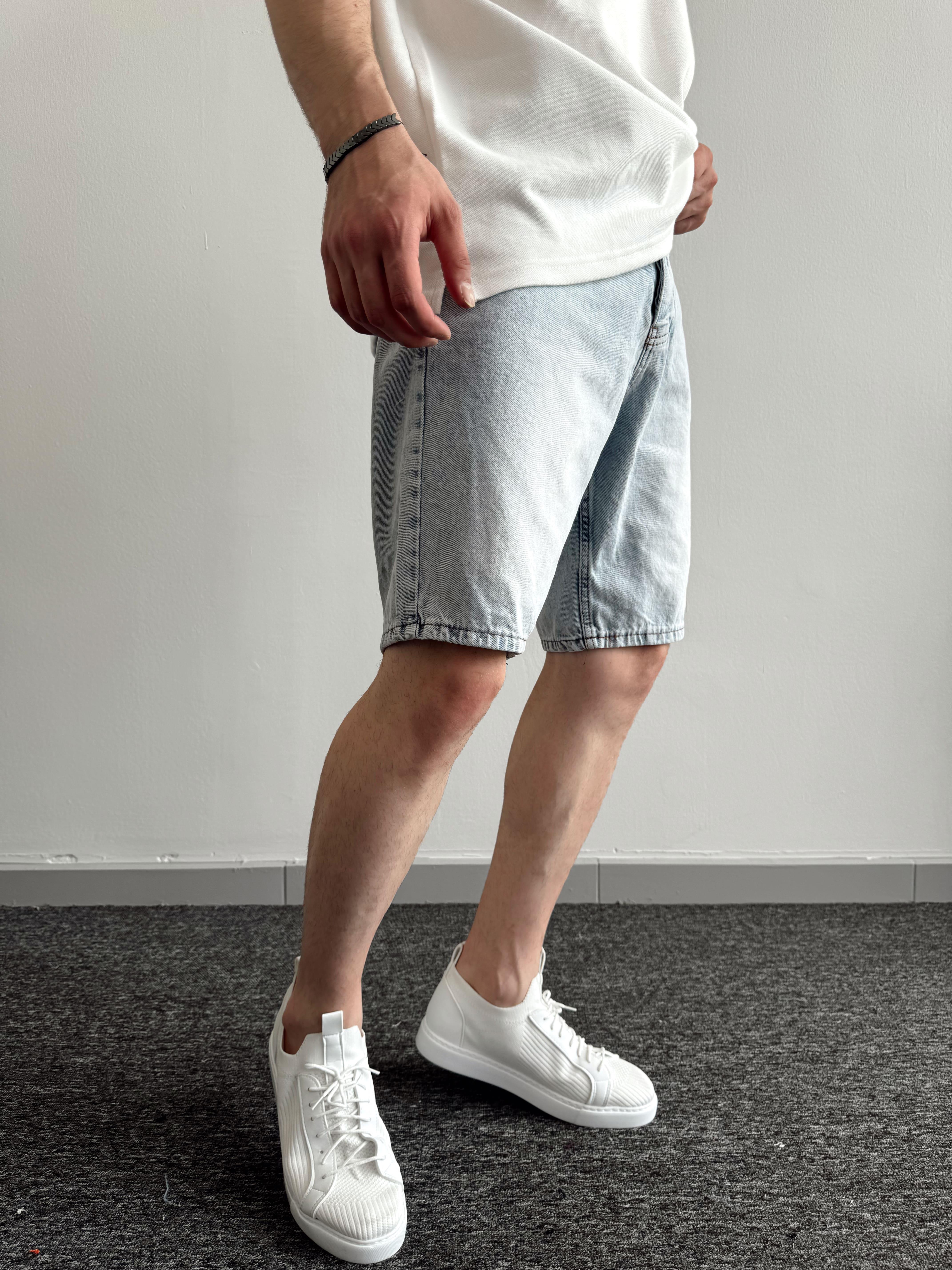 Erkek Düğmeli Oversize Kot Şort-Kar Yıkama(E1091)Ketench