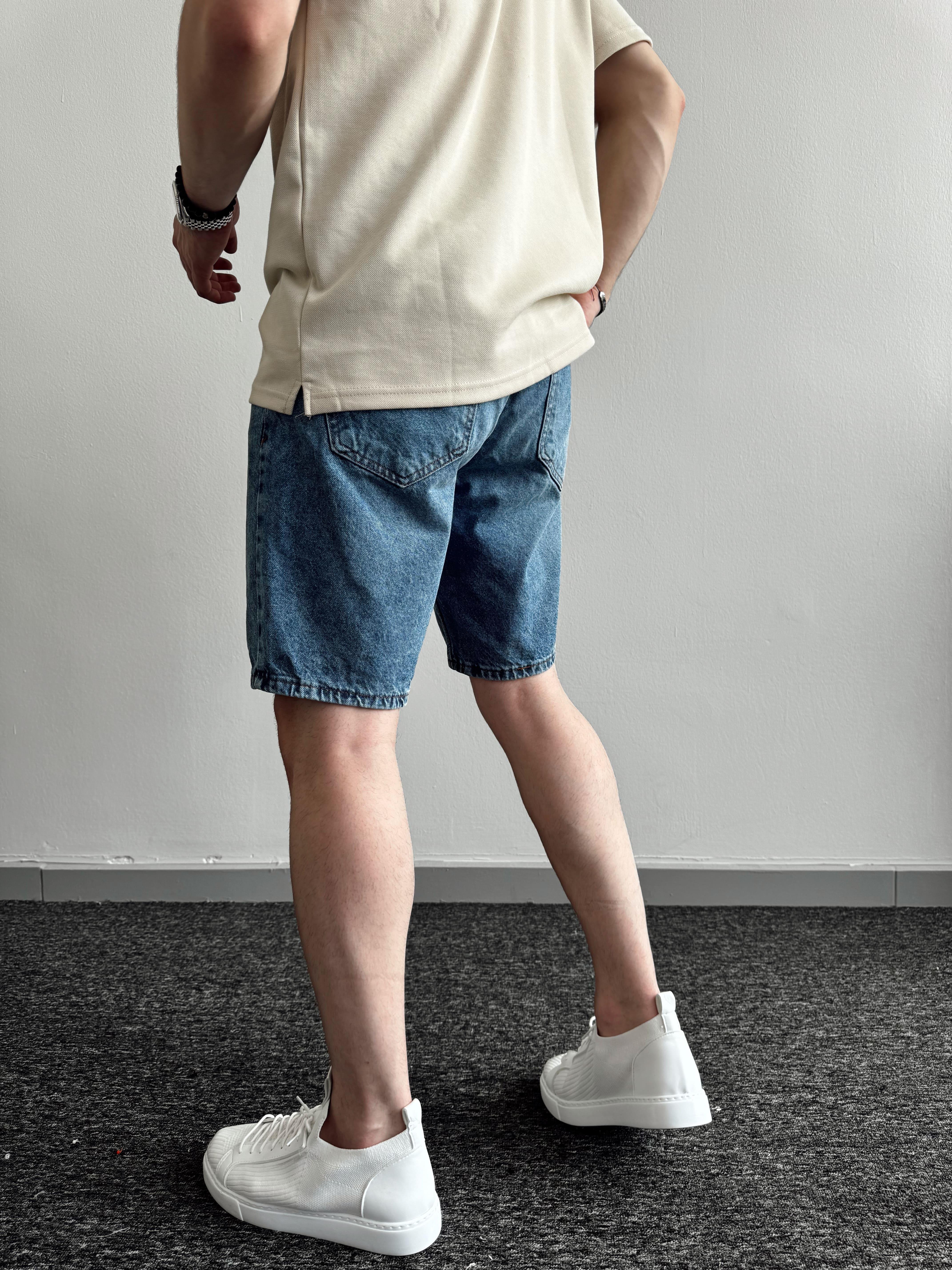Erkek Düğmeli Oversize Kot Şort-Mavi(E1091)Ketench
