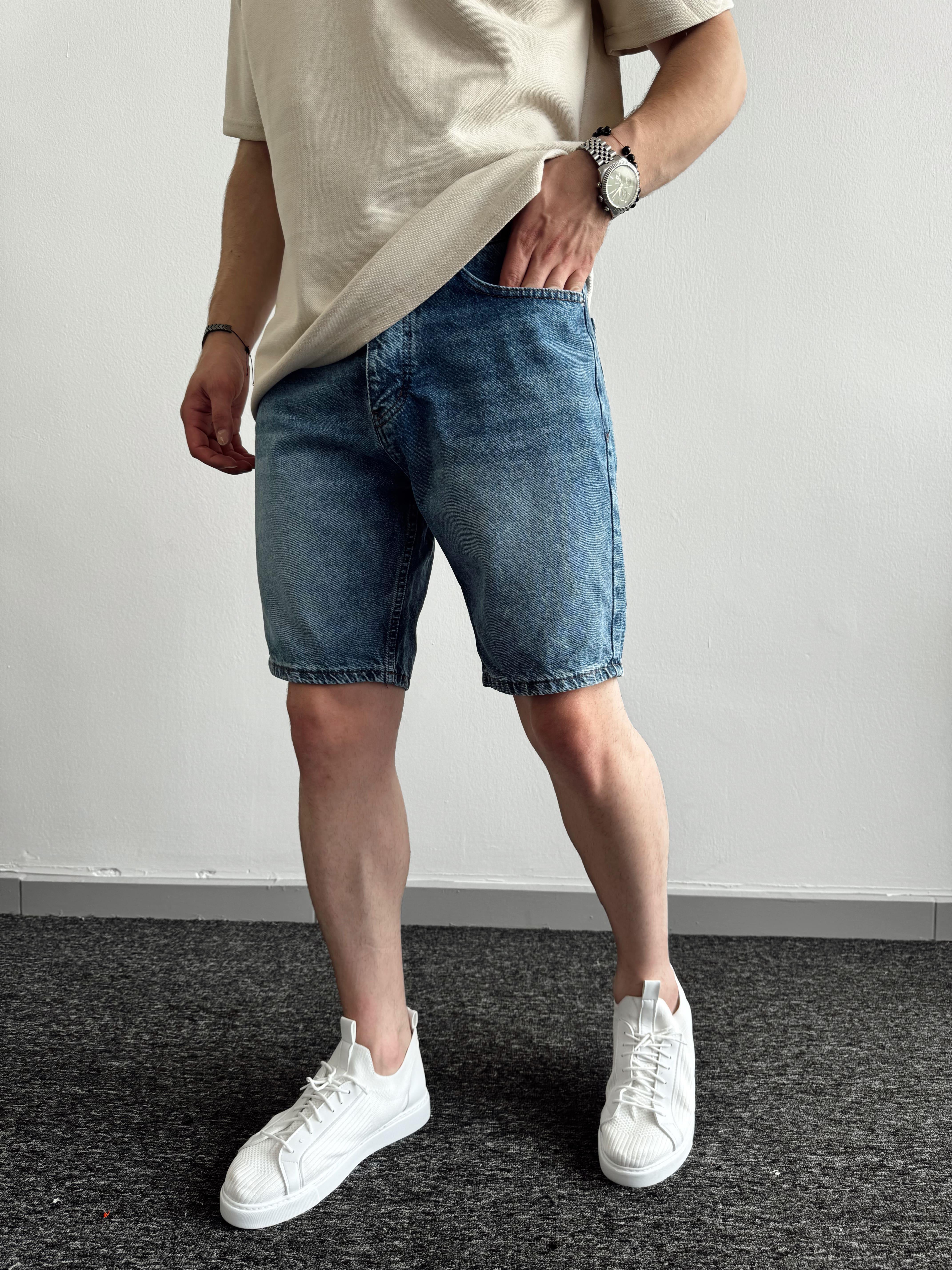 Erkek Düğmeli Oversize Kot Şort-Mavi(E1091)Ketench
