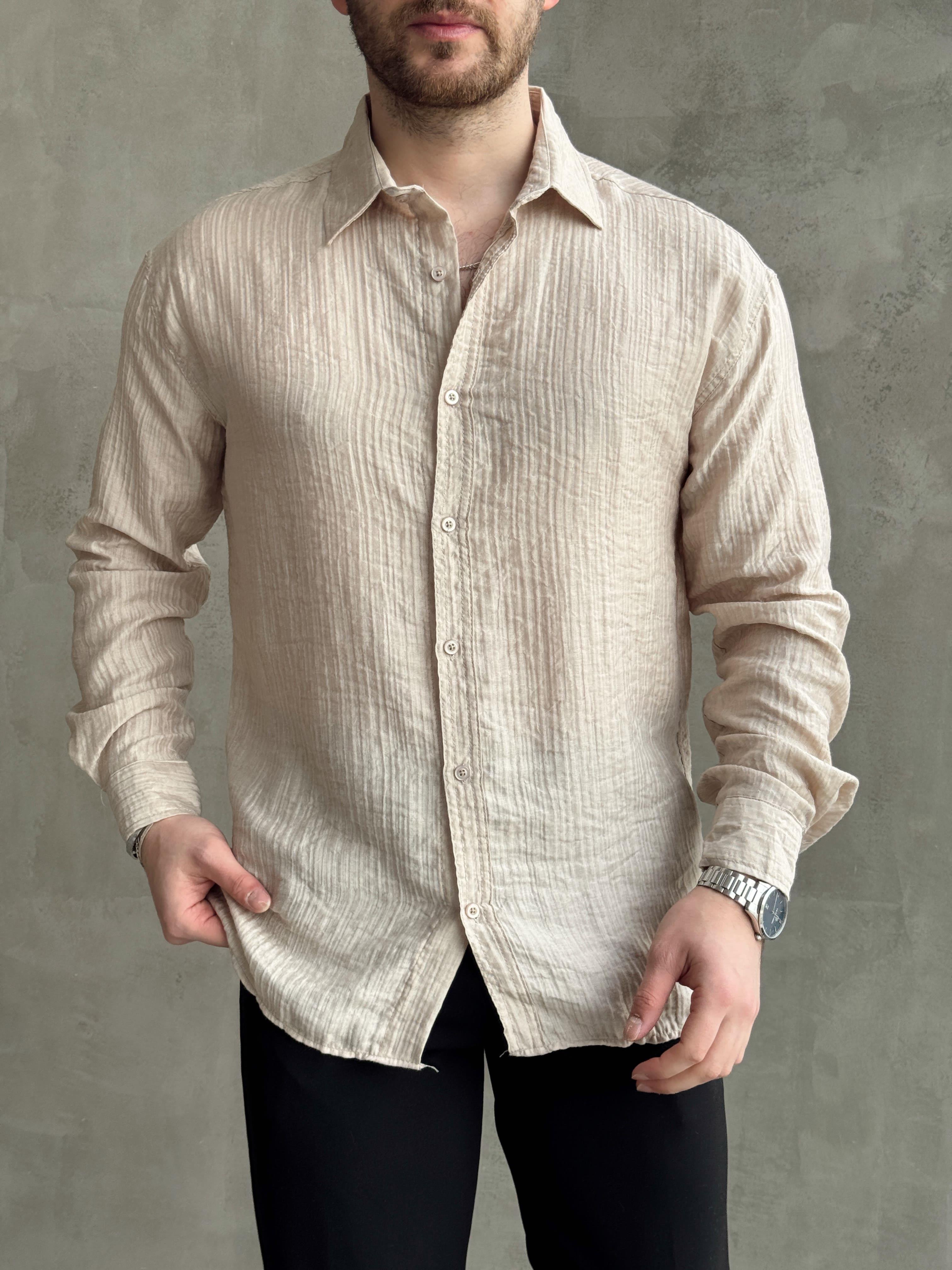 Erkek Efsane Stil Oversize Kalıp Ferahlatıcı Terletmeyen Kumaş Gömlek-Bej(E1637)Ketench
