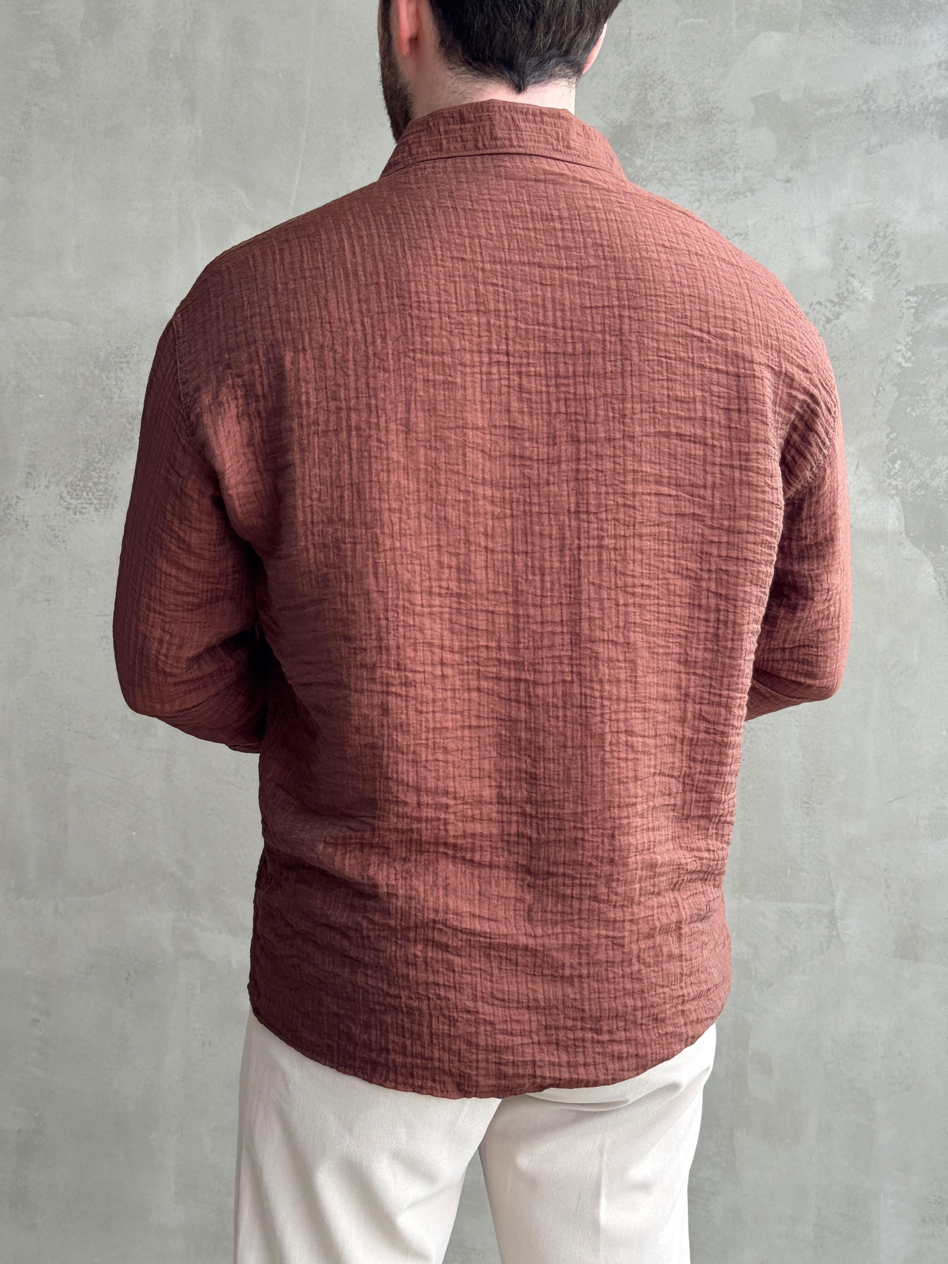 Erkek Efsane Stil Oversize Kalıp Ferahlatıcı Terletmeyen Kumaş Gömlek-Kahverengi(E1637)Ketench
