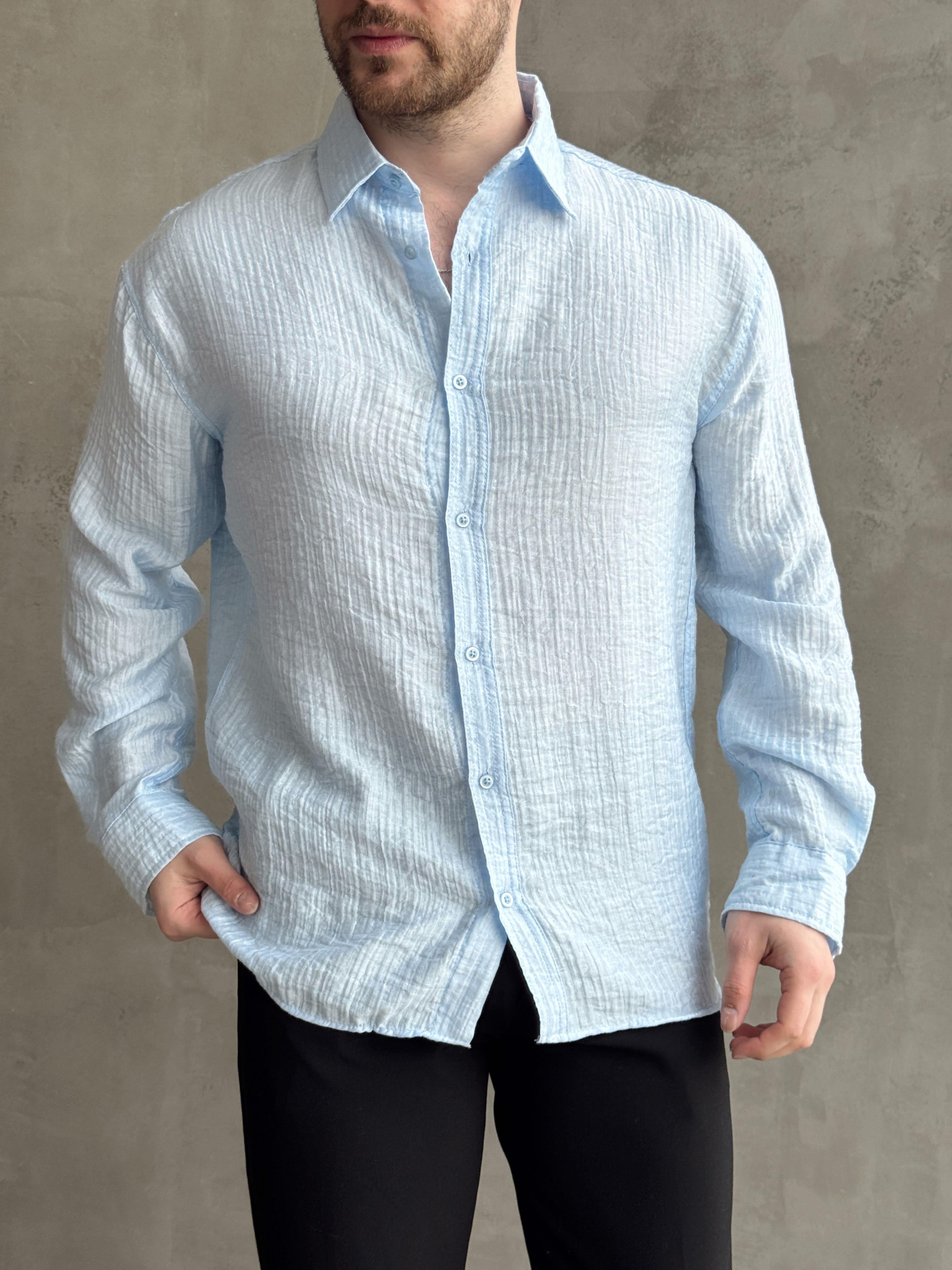 Erkek Efsane Stil Oversize Kalıp Ferahlatıcı Terletmeyen Kumaş Gömlek-Bebe Mavi(E1637)Ketench