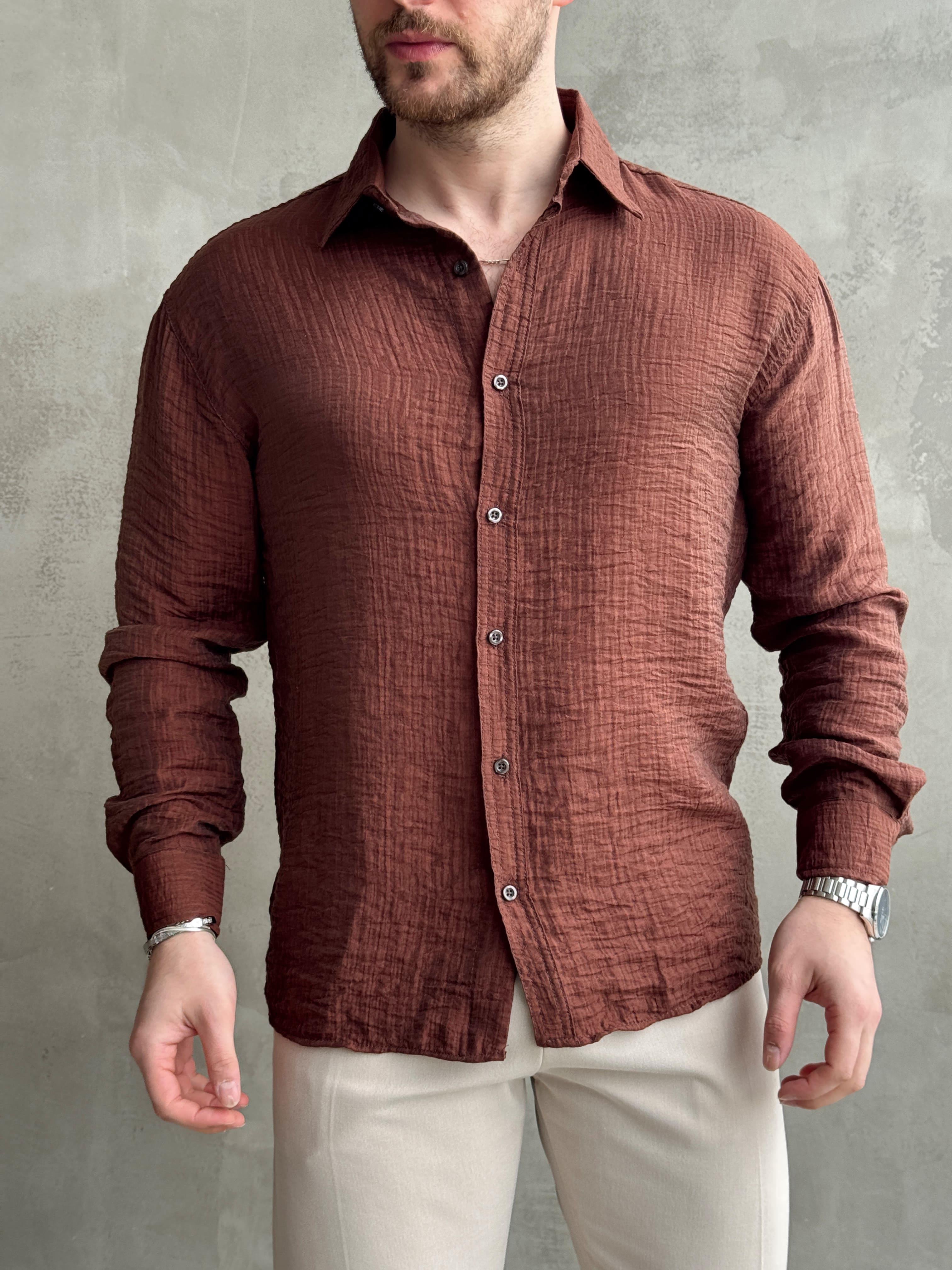 Erkek Efsane Stil Oversize Kalıp Ferahlatıcı Terletmeyen Kumaş Gömlek-Kahverengi(E1637)Ketench
