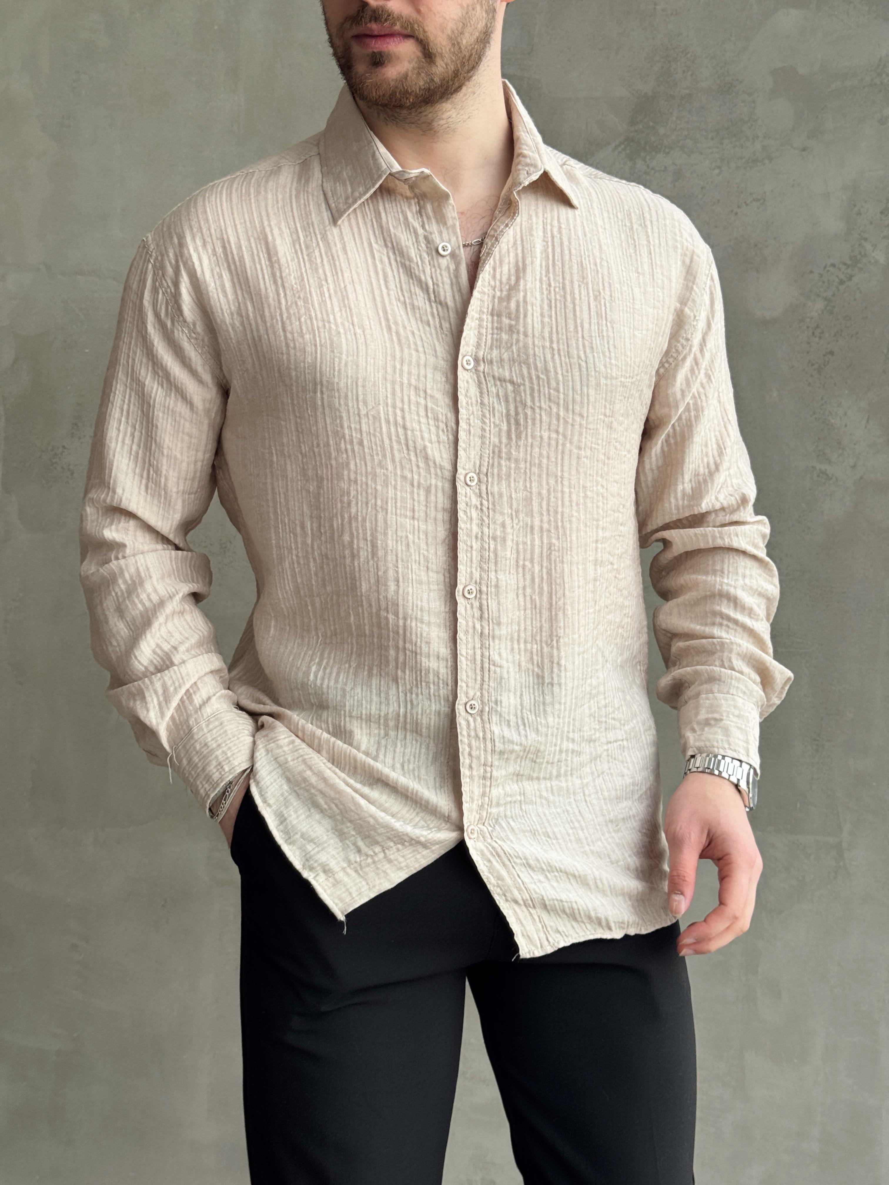 Erkek Efsane Stil Oversize Kalıp Ferahlatıcı Terletmeyen Kumaş Gömlek-Bej(E1637)Ketench