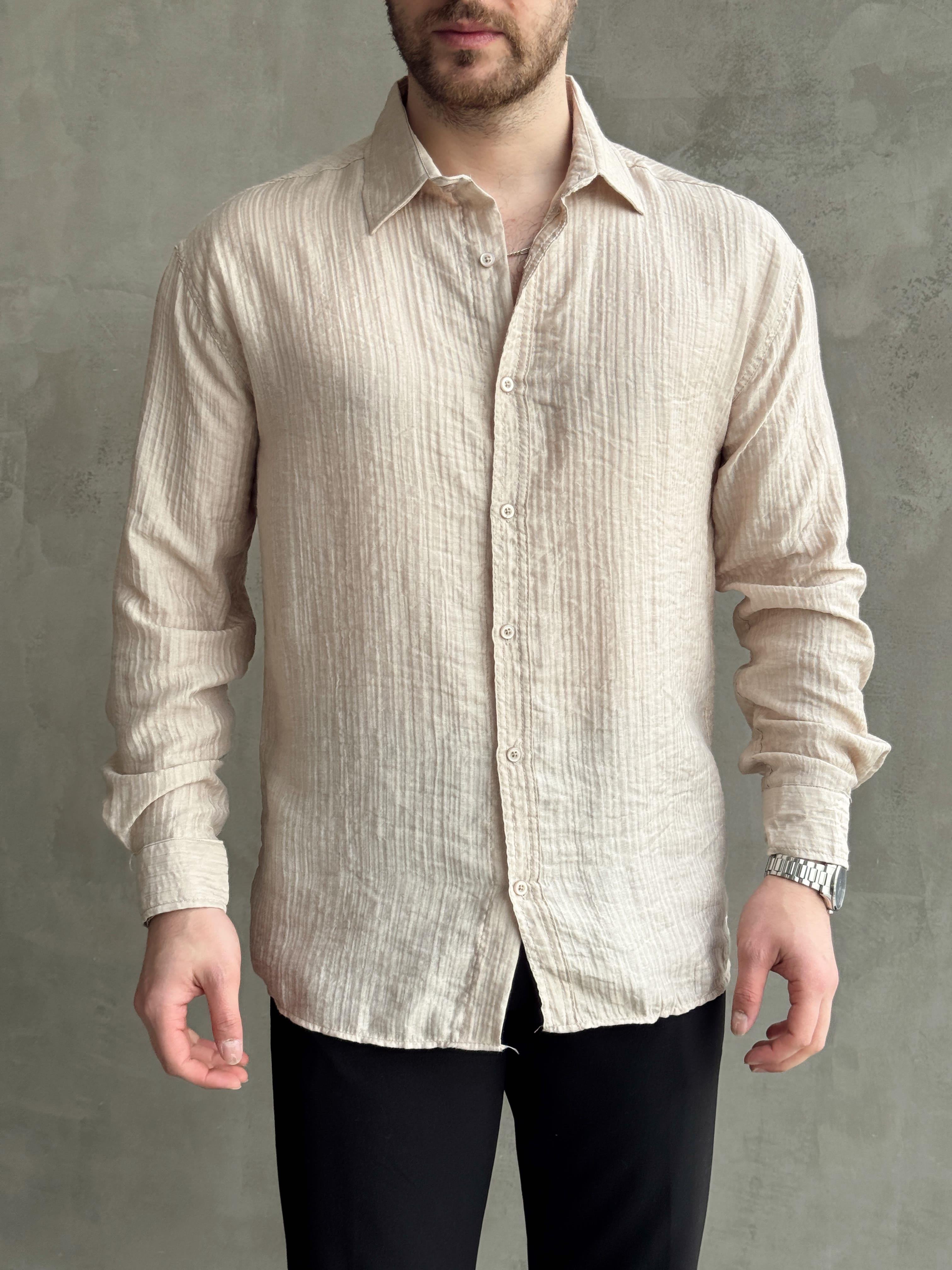 Erkek Efsane Stil Oversize Kalıp Ferahlatıcı Terletmeyen Kumaş Gömlek-Bej(E1637)Ketench