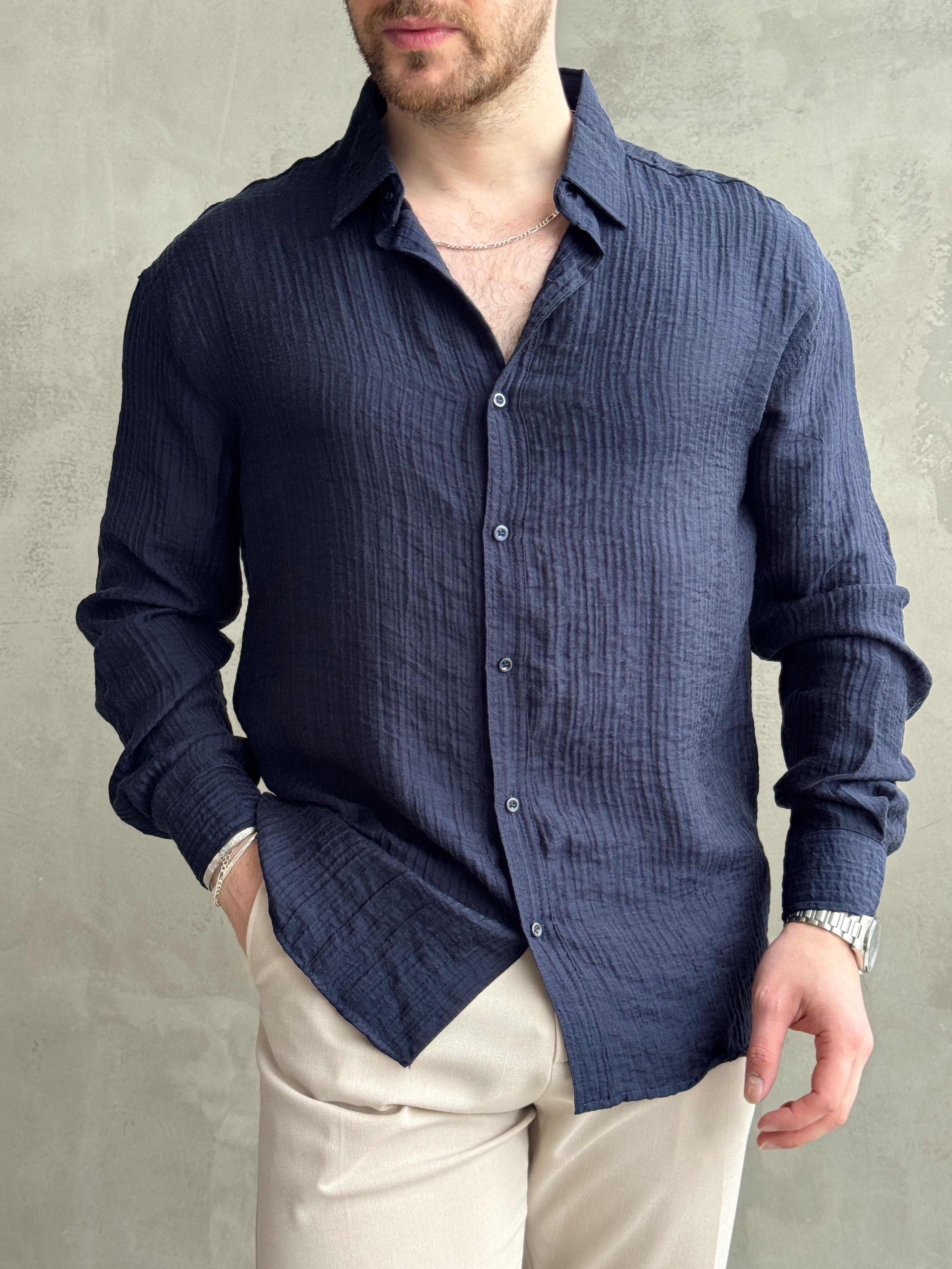 Erkek Efsane Stil Oversize Kalıp Ferahlatıcı Terletmeyen Kumaş Gömlek-Lacivert(E1637)Ketench