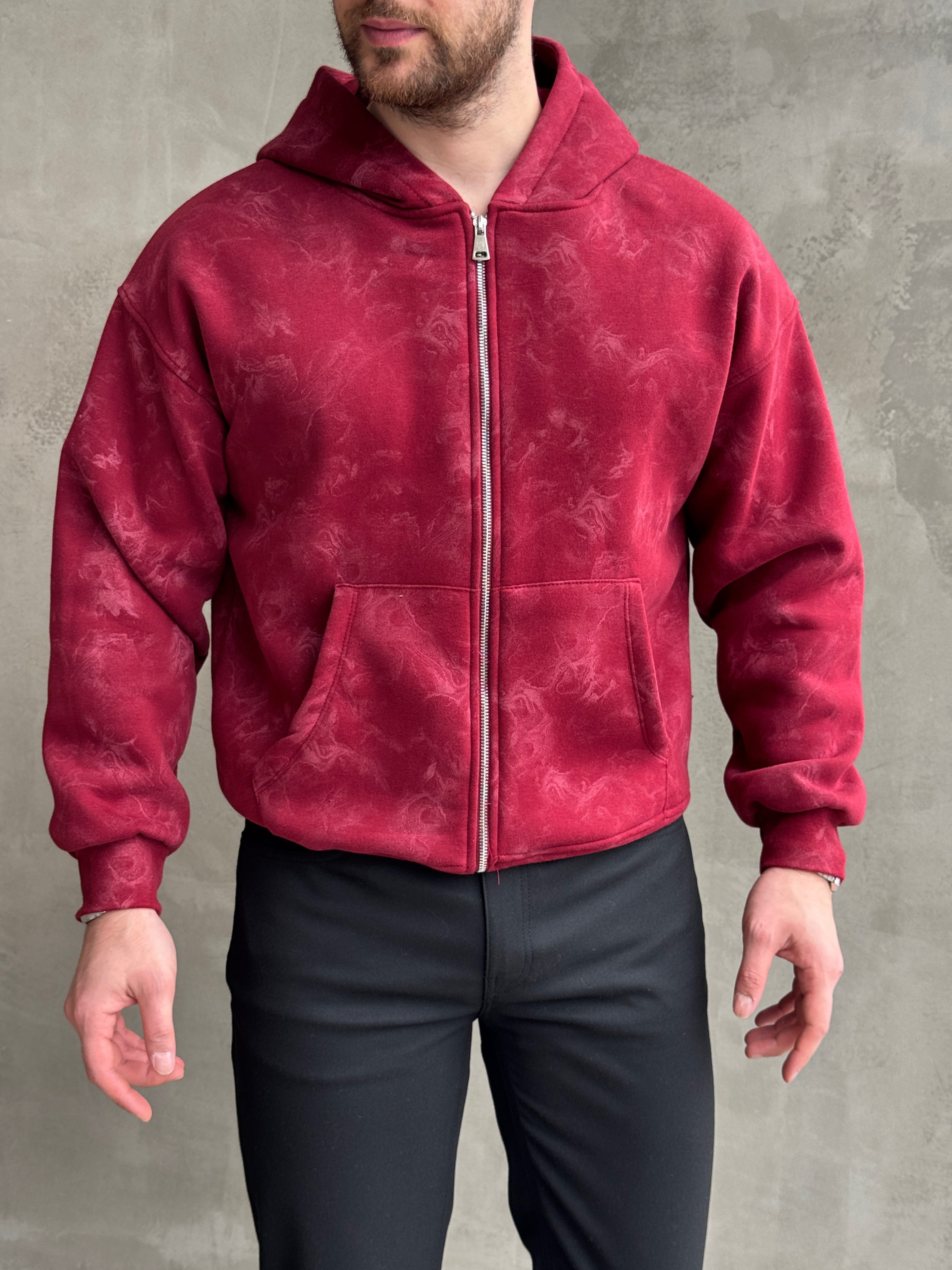 Erkek Elit Kalite Oversize Kalıp Asit Yıkamalı Şardonlu Zip Hırka-Bordo(E1887)Ketench