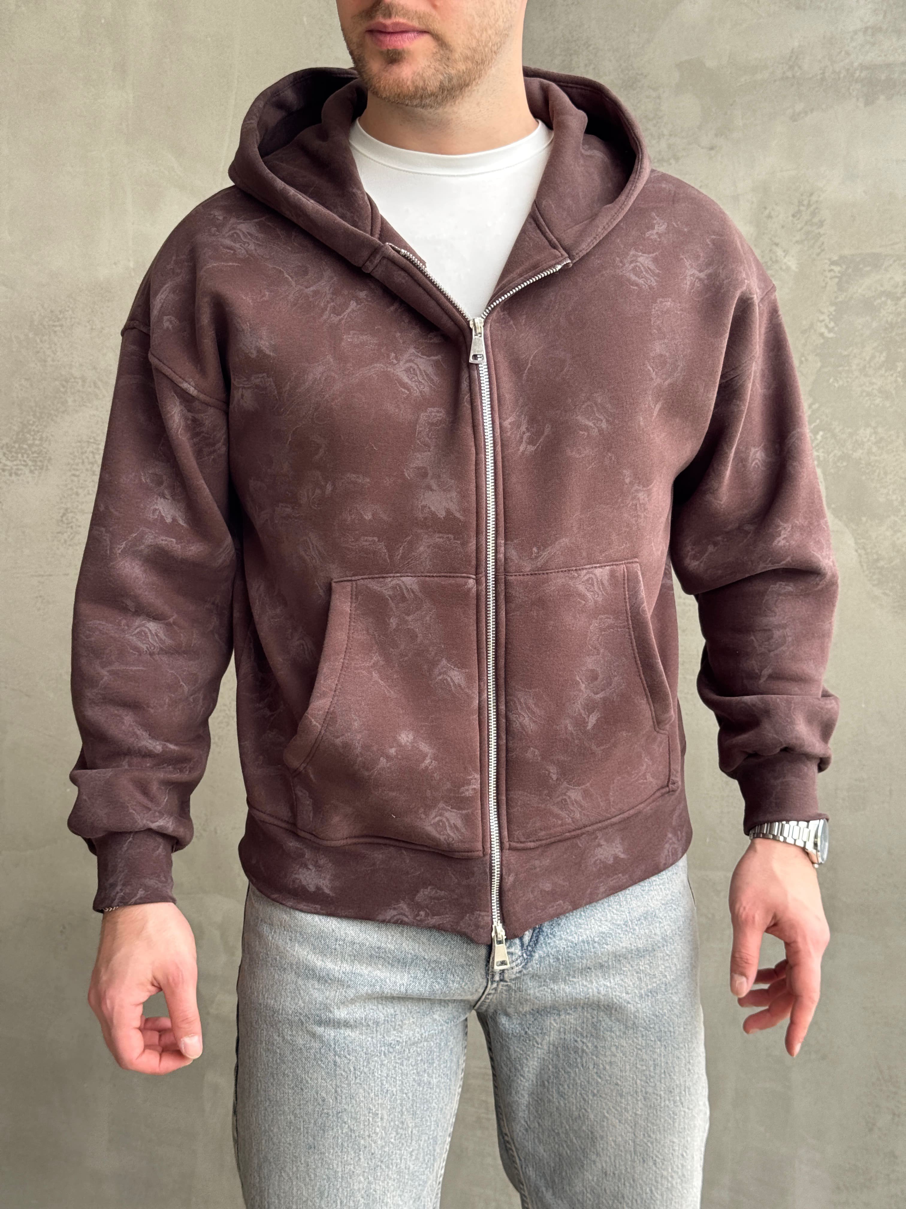Erkek Elit Kalite Oversize Kalıp Asit Yıkamalı Şardonlu Zip Hırka-Kahverengi(E1887)Ketench