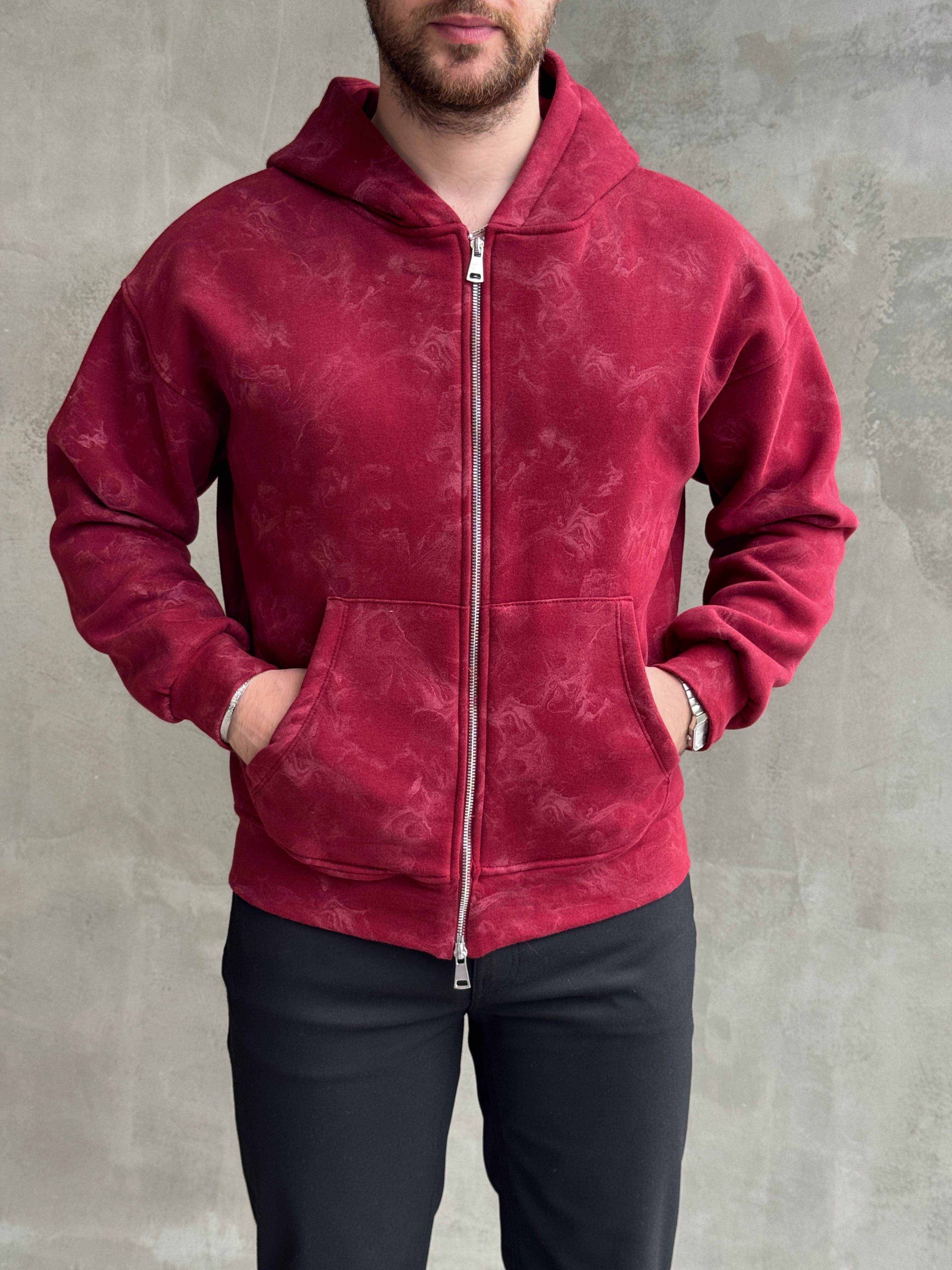 Erkek Elit Kalite Oversize Kalıp Asit Yıkamalı Şardonlu Zip Hırka-Bordo(E1887)Ketench