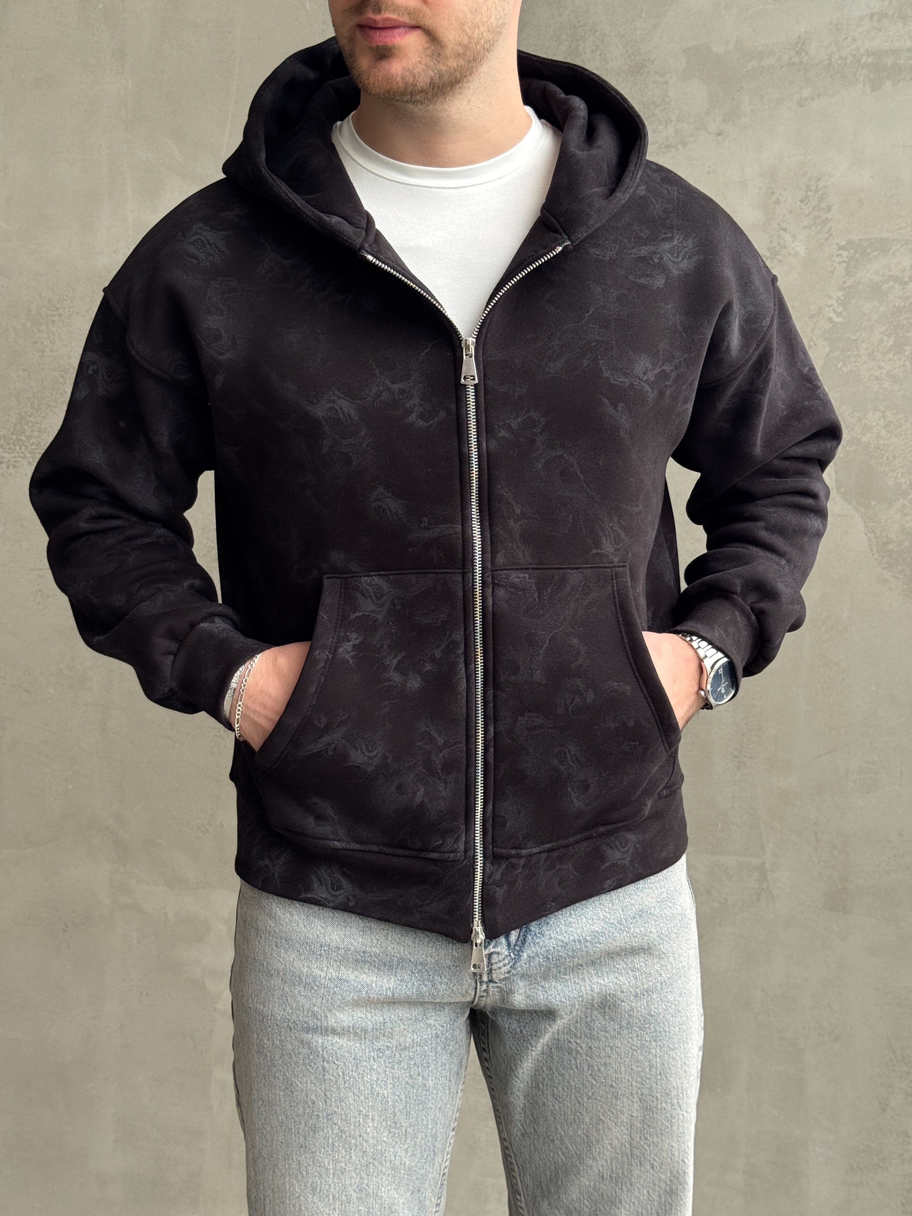 Erkek Elit Kalite Oversize Kalıp Asit Yıkamalı Şardonlu Zip Hırka-Siyah(E1887)Ketench