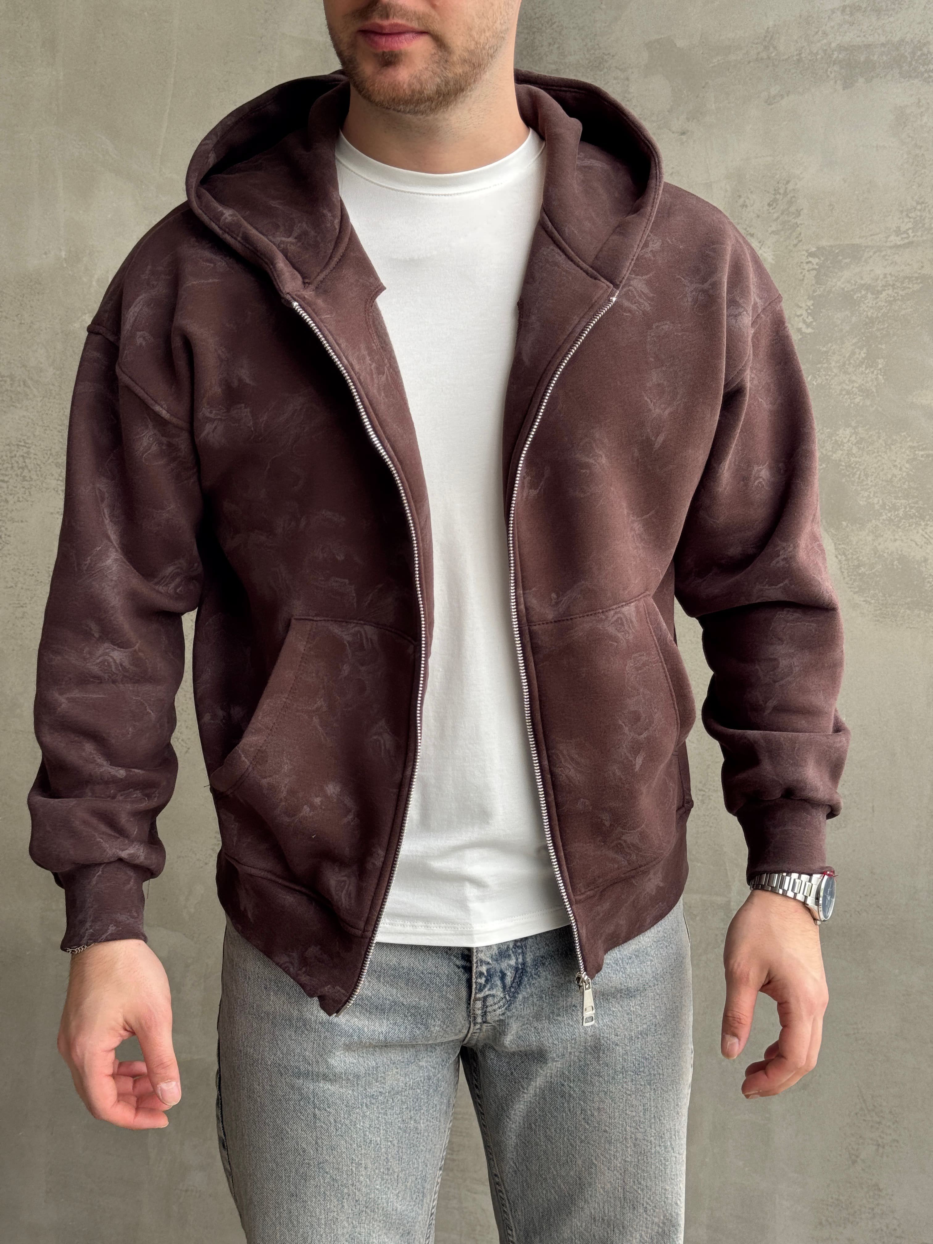 Erkek Elit Kalite Oversize Kalıp Asit Yıkamalı Şardonlu Zip Hırka-Kahverengi(E1887)Ketench