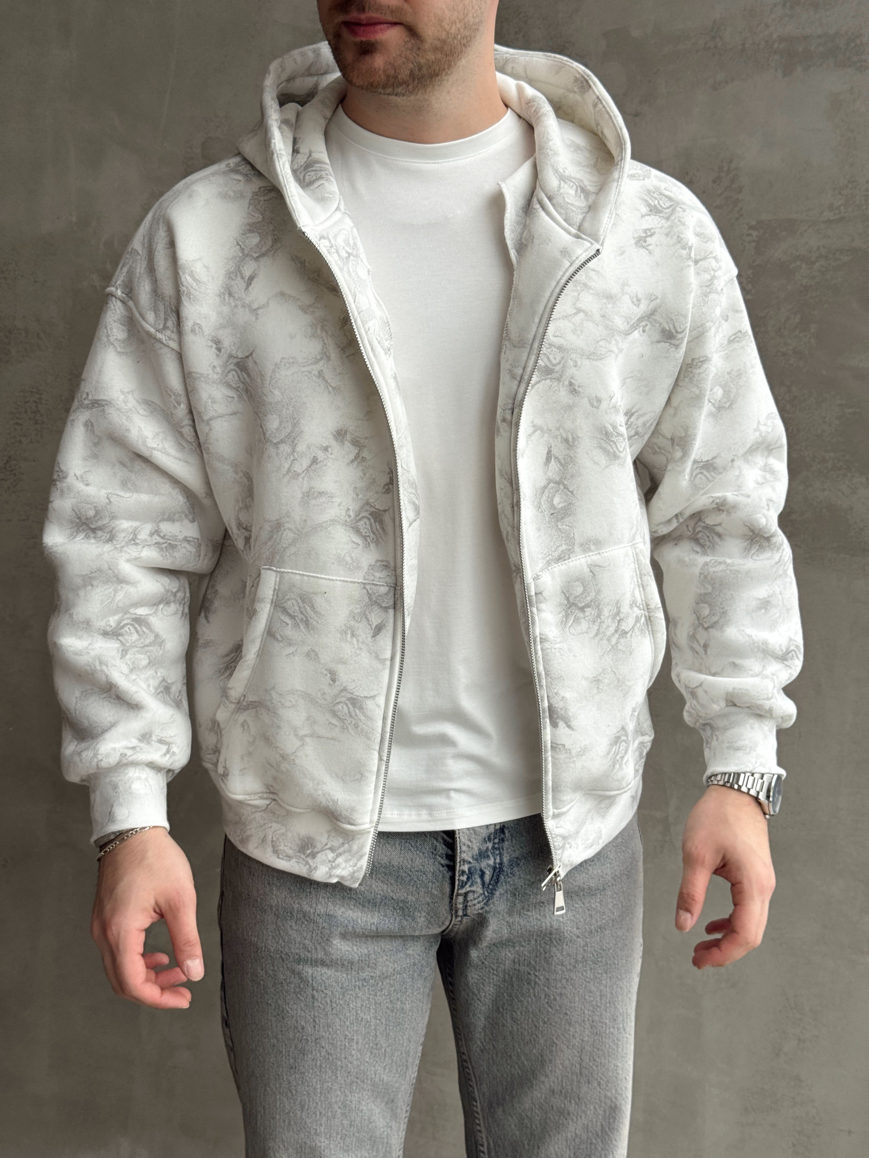 Erkek Elit Kalite Oversize Kalıp Asit Yıkamalı Şardonlu Zip Hırka-Beyaz(E1887)Ketench