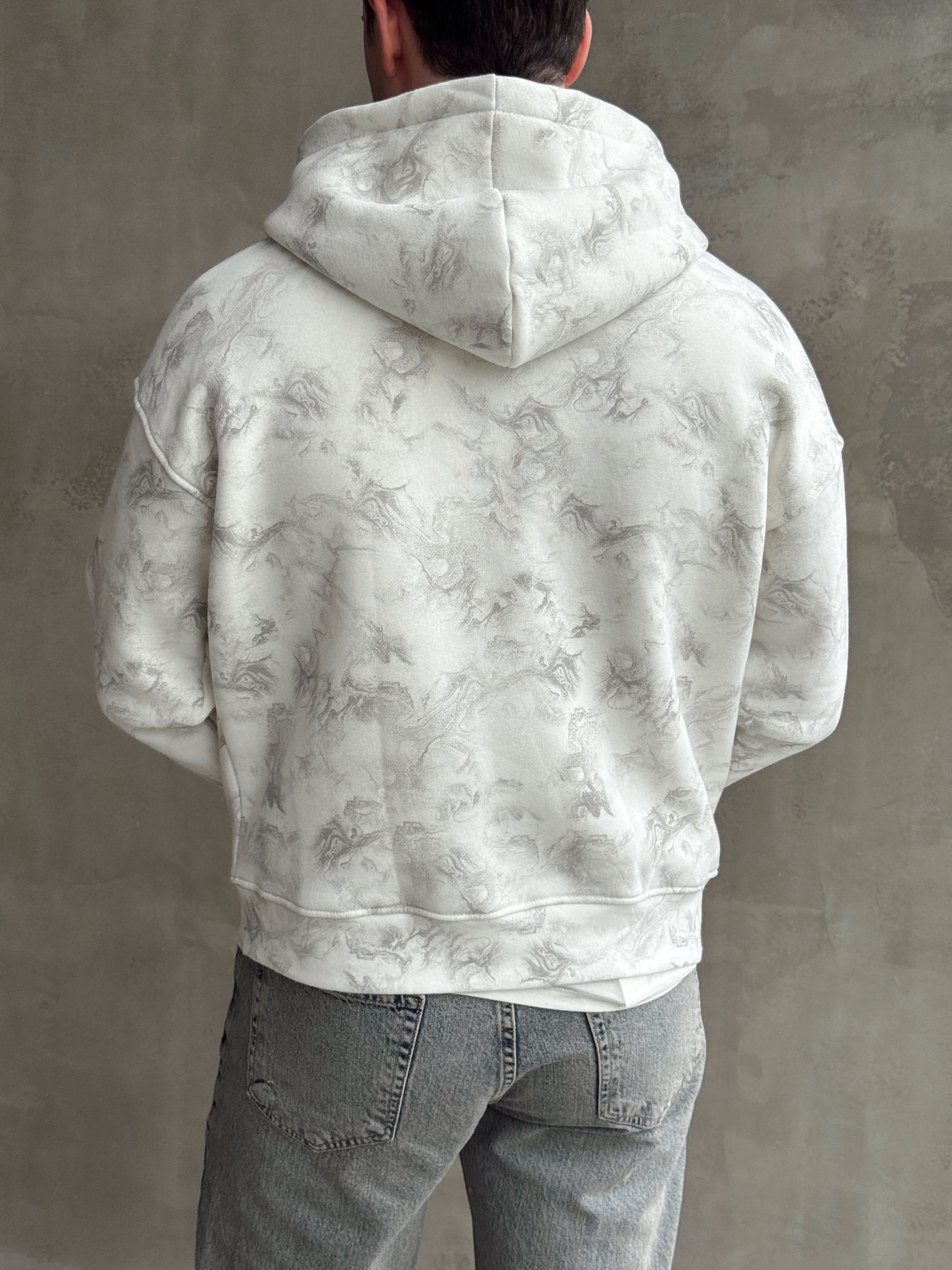 Erkek Elit Kalite Oversize Kalıp Asit Yıkamalı Şardonlu Zip Hırka-Beyaz(E1887)Ketench