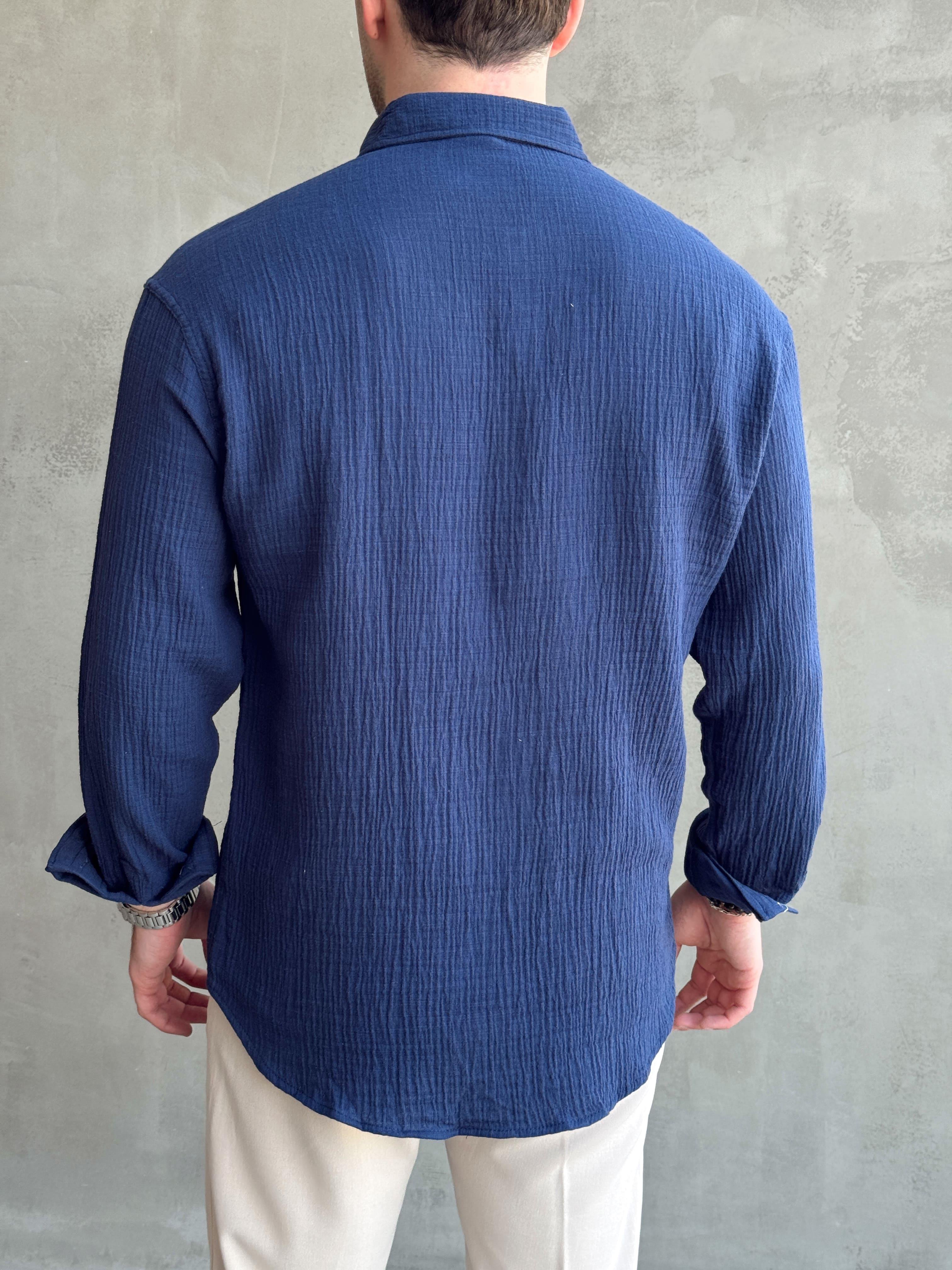 Erkek Elit Kalite Oversize Kalıp Beyaz Düğme Detay Keten Karışımlı Gömlek-Lacivert(E1695)Ketench