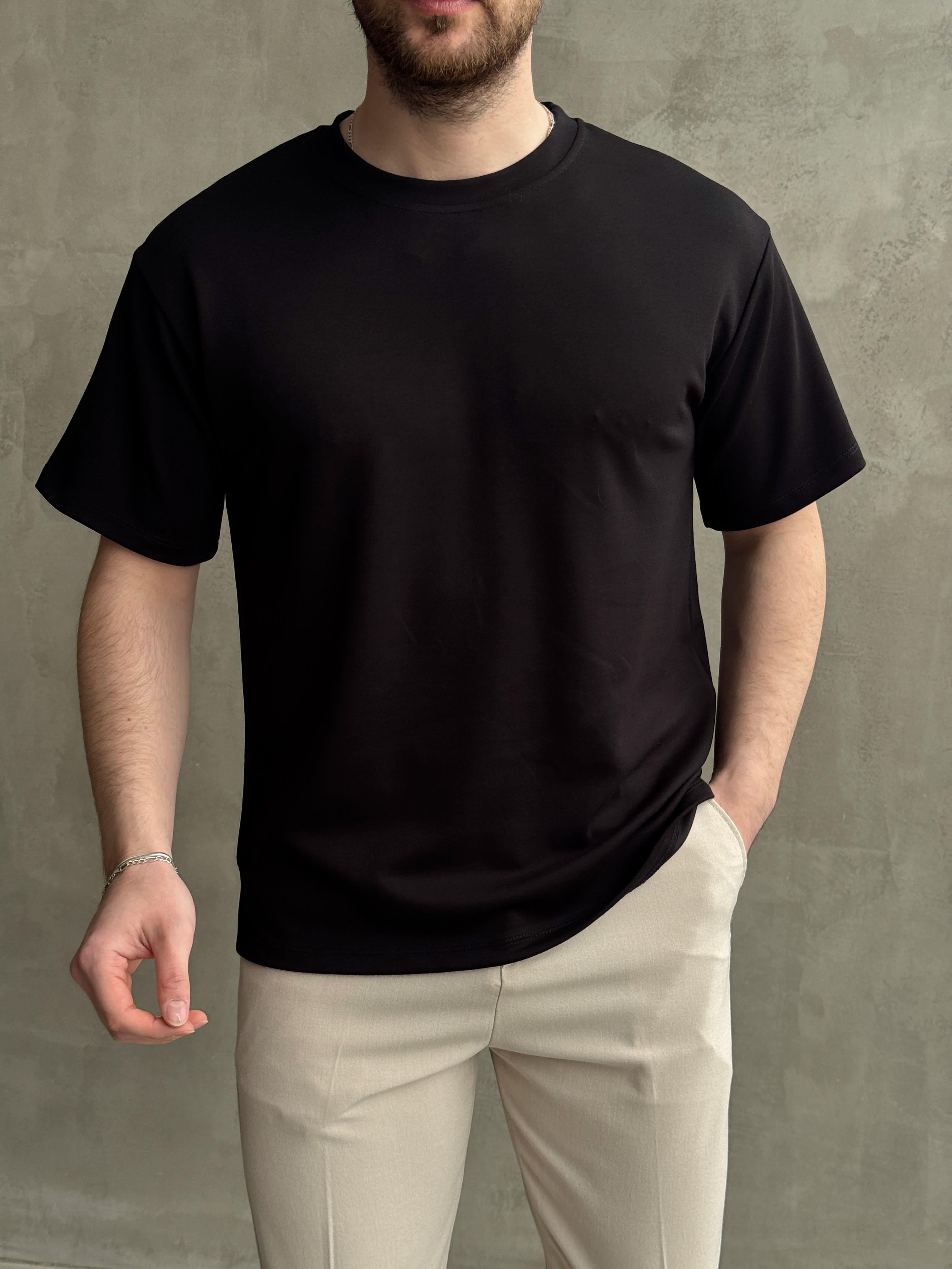 Erkek Elit Kalite Oversize Kalıp Bisiklet Yaka Düz Model T-Shirt-Siyah(E1689)Ketench