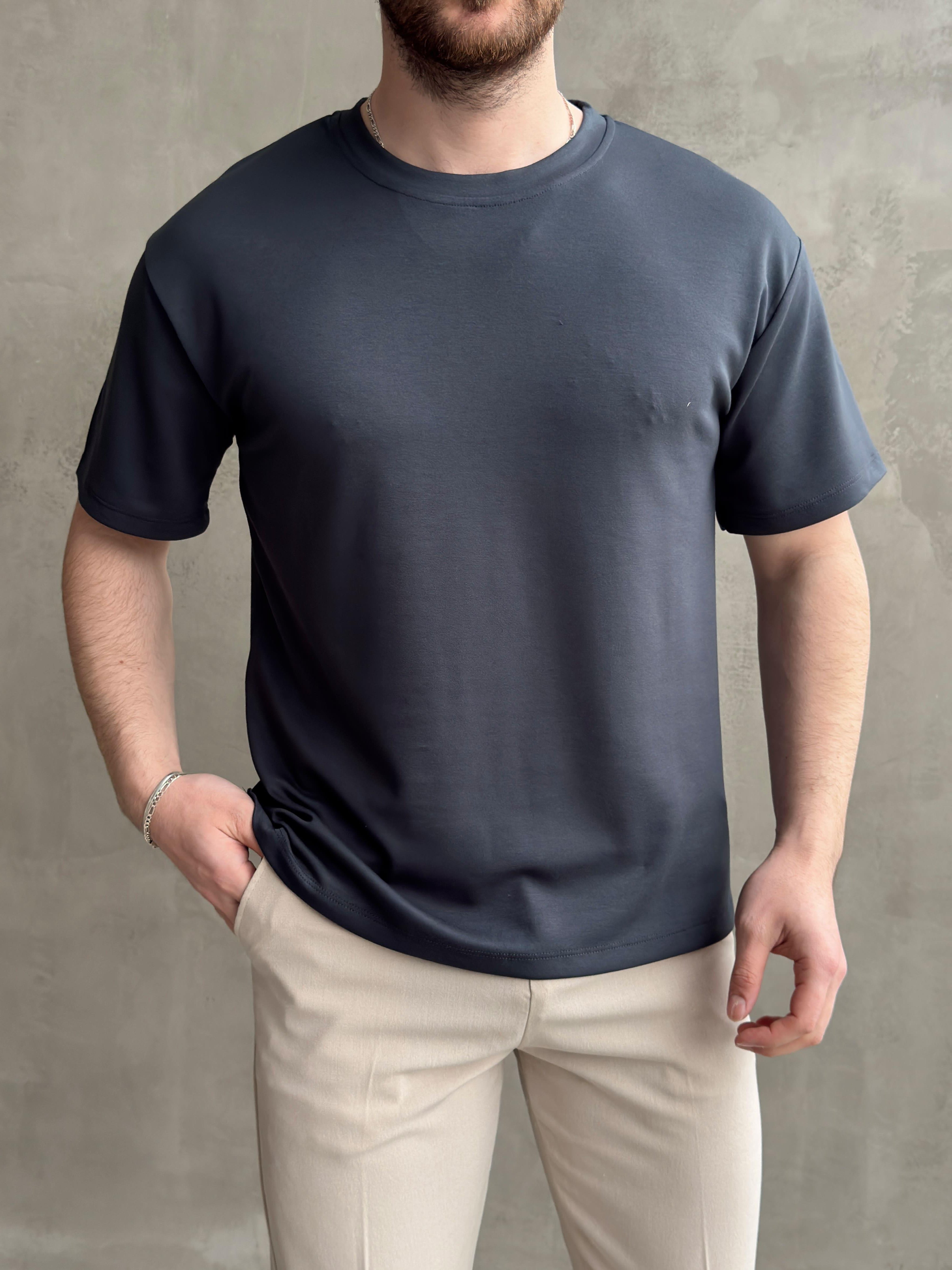 Erkek Elit Kalite Oversize Kalıp Bisiklet Yaka Düz Model T-Shirt-Lacivert(E1689)Ketench