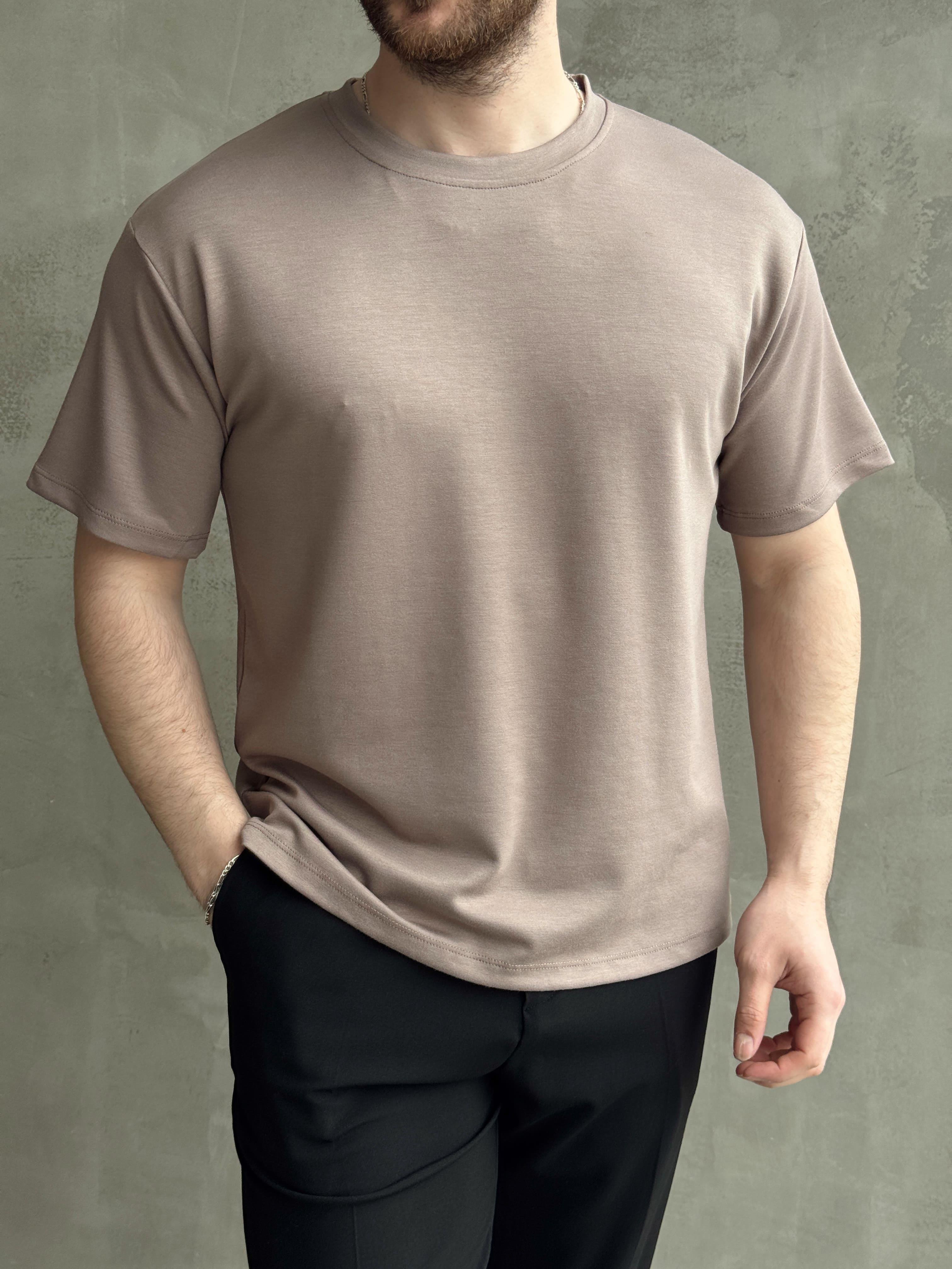 Erkek Elit Kalite Oversize Kalıp Bisiklet Yaka Düz Model T-Shirt-Kahverengi(E1689)Ketench