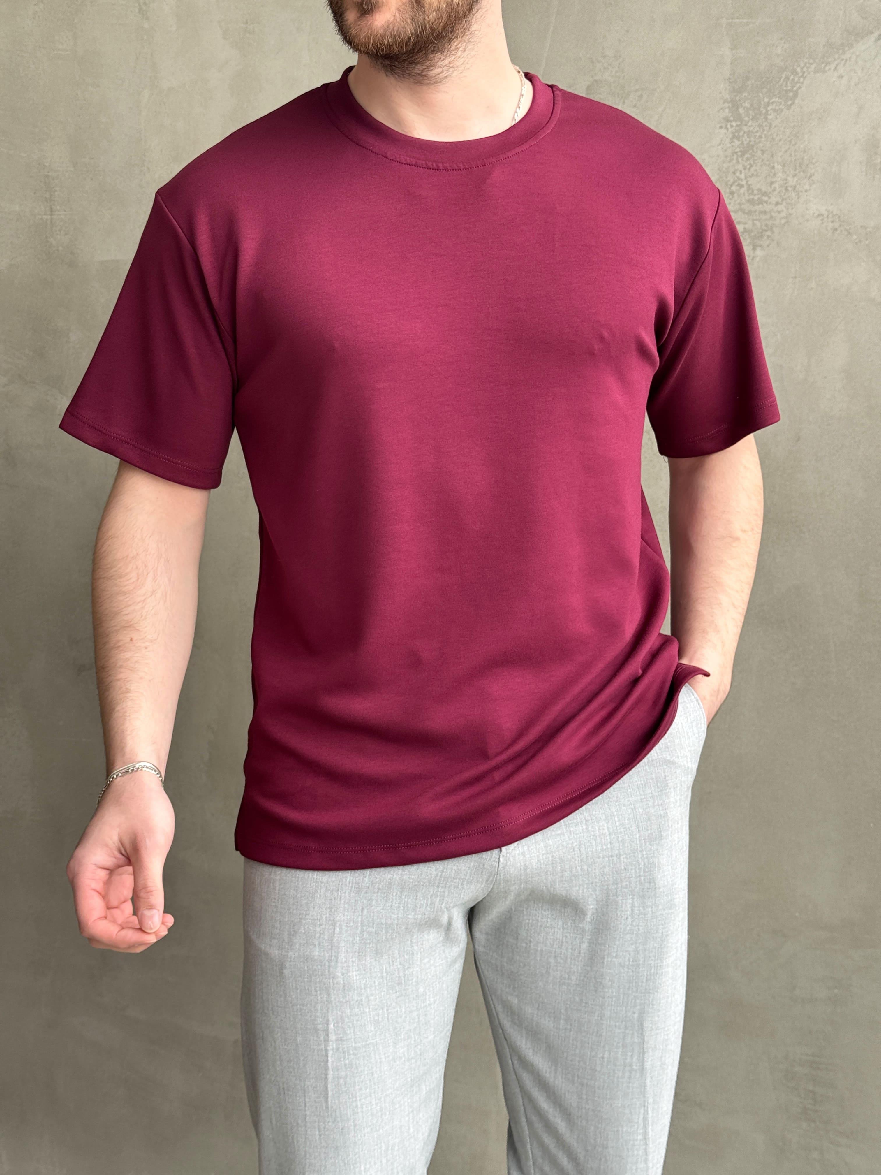 Erkek Elit Kalite Oversize Kalıp Bisiklet Yaka Düz Model T-Shirt-Bordo(E1689)Ketench