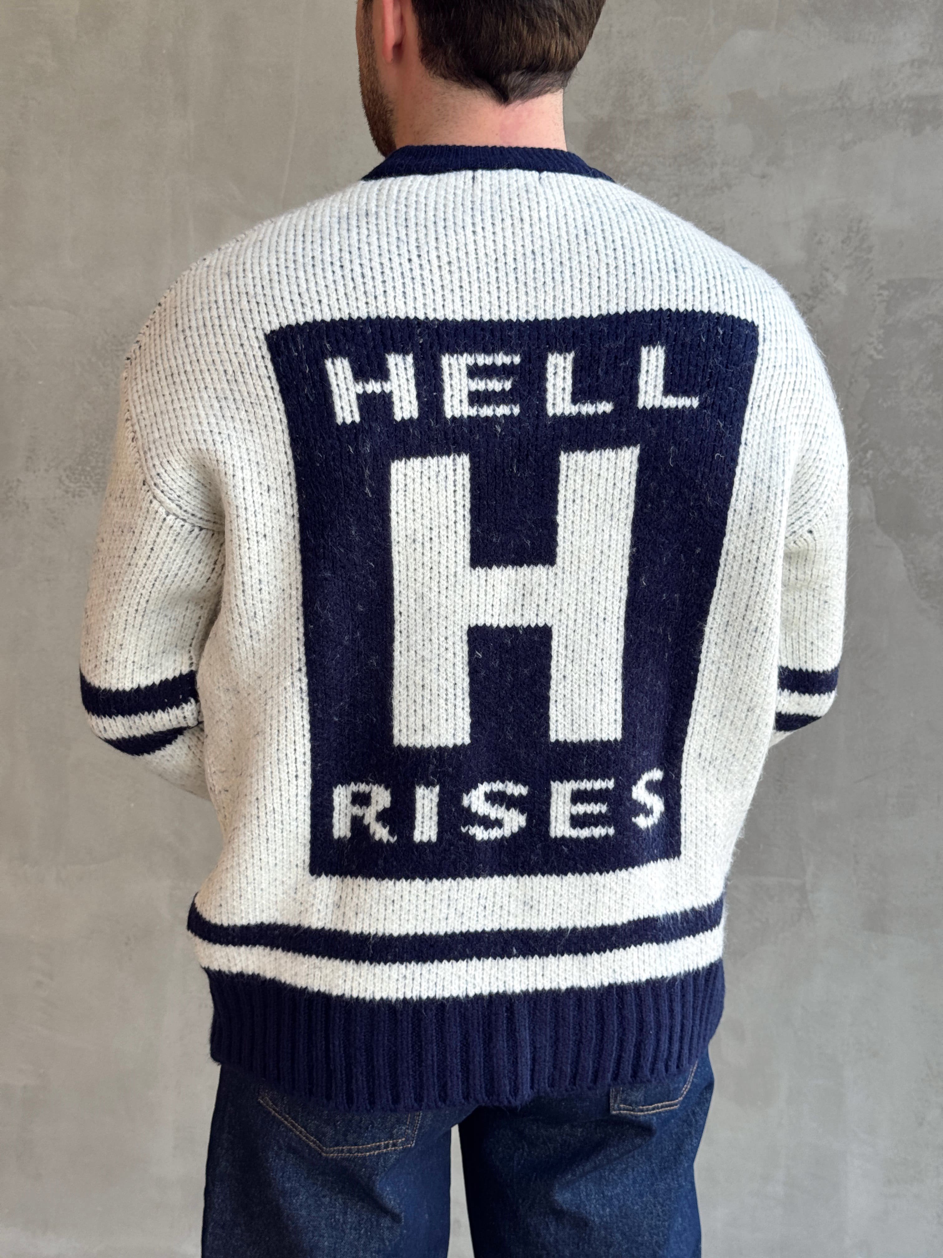 Erkek Elit Kalite Oversize Kalıp Bisiklet Yaka Hell Logo detay Triko Kazak-Beyaz(E1567)Ketench