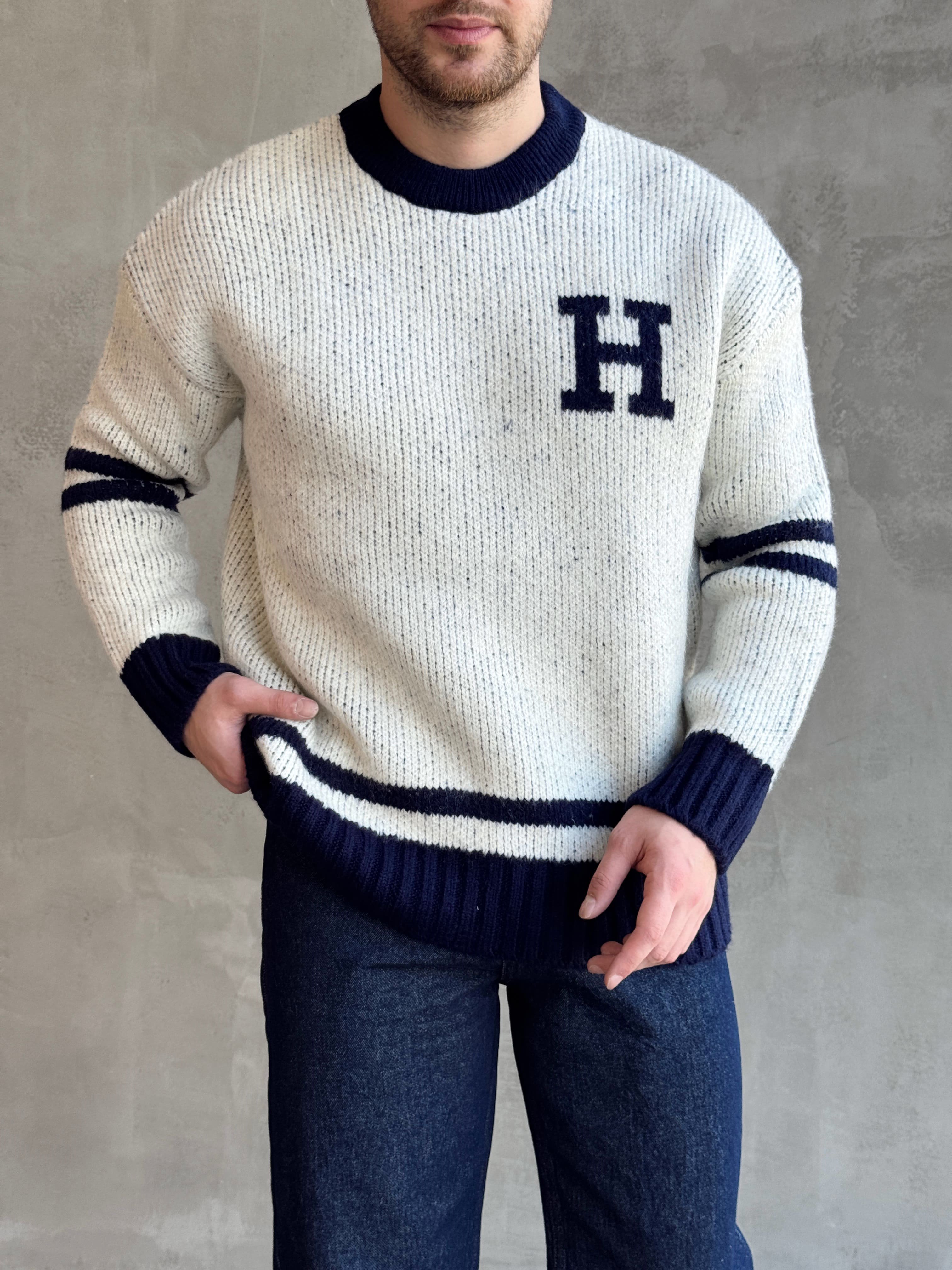 Erkek Elit Kalite Oversize Kalıp Bisiklet Yaka Hell Logo detay Triko Kazak-Beyaz(E1567)Ketench
