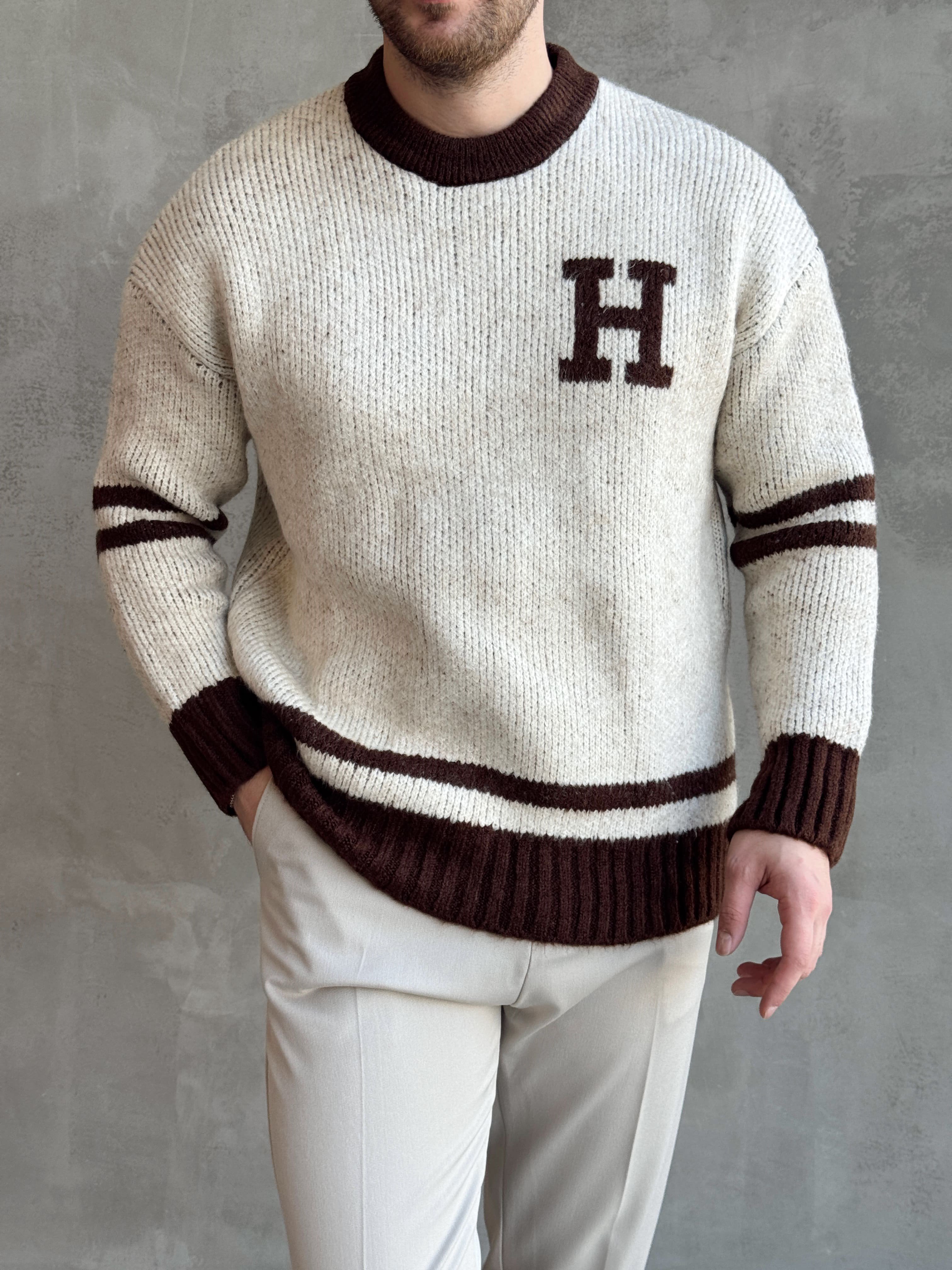 Erkek Elit Kalite Oversize Kalıp Bisiklet Yaka Hell Logo detay Triko Kazak-Bej(E1567)Ketench