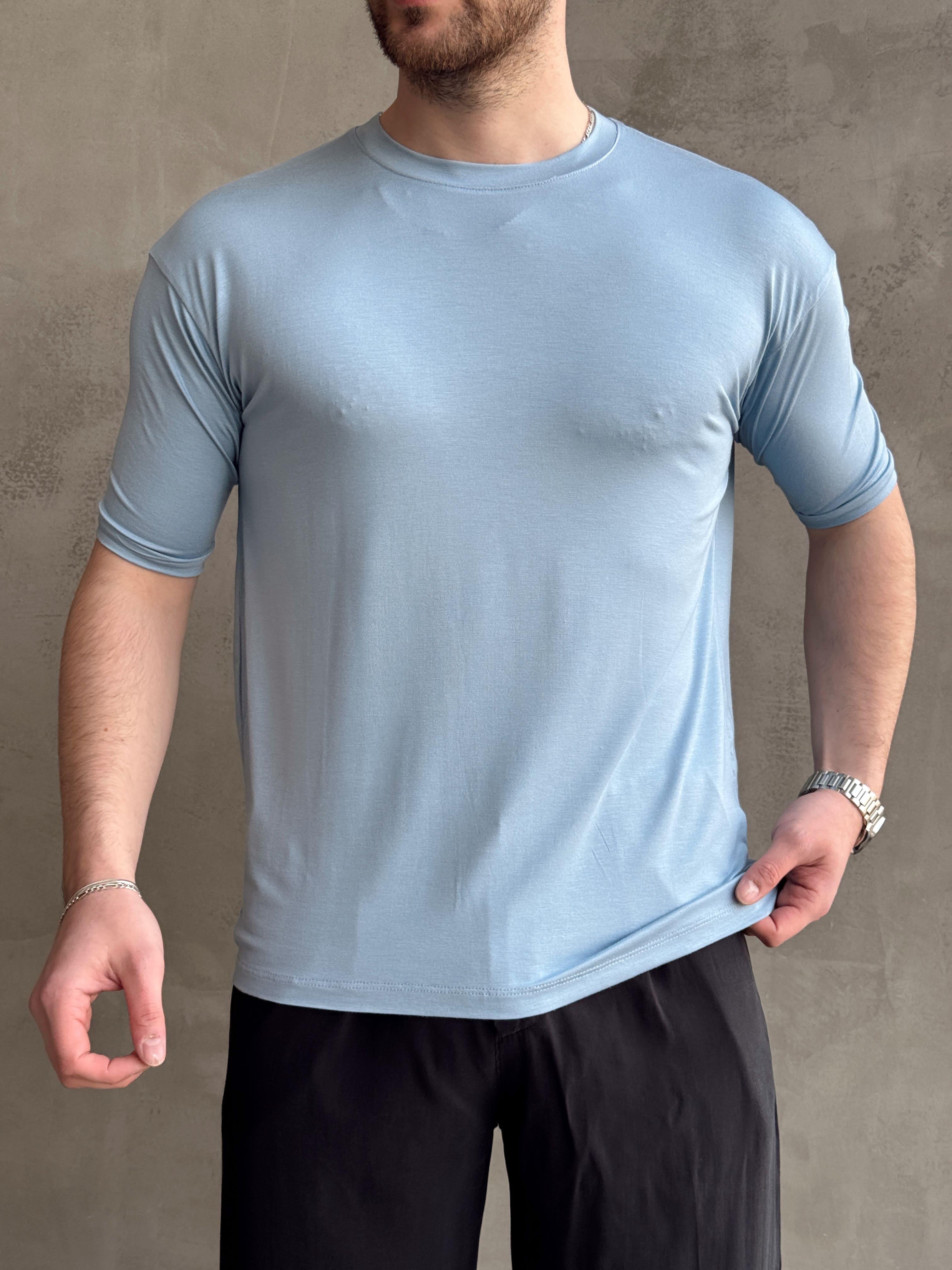Erkek Elit Kalite Oversize Kalıp Bisiklet Yaka Düz Model T-Shirt-Bebe Mavi(E1652)Ketench