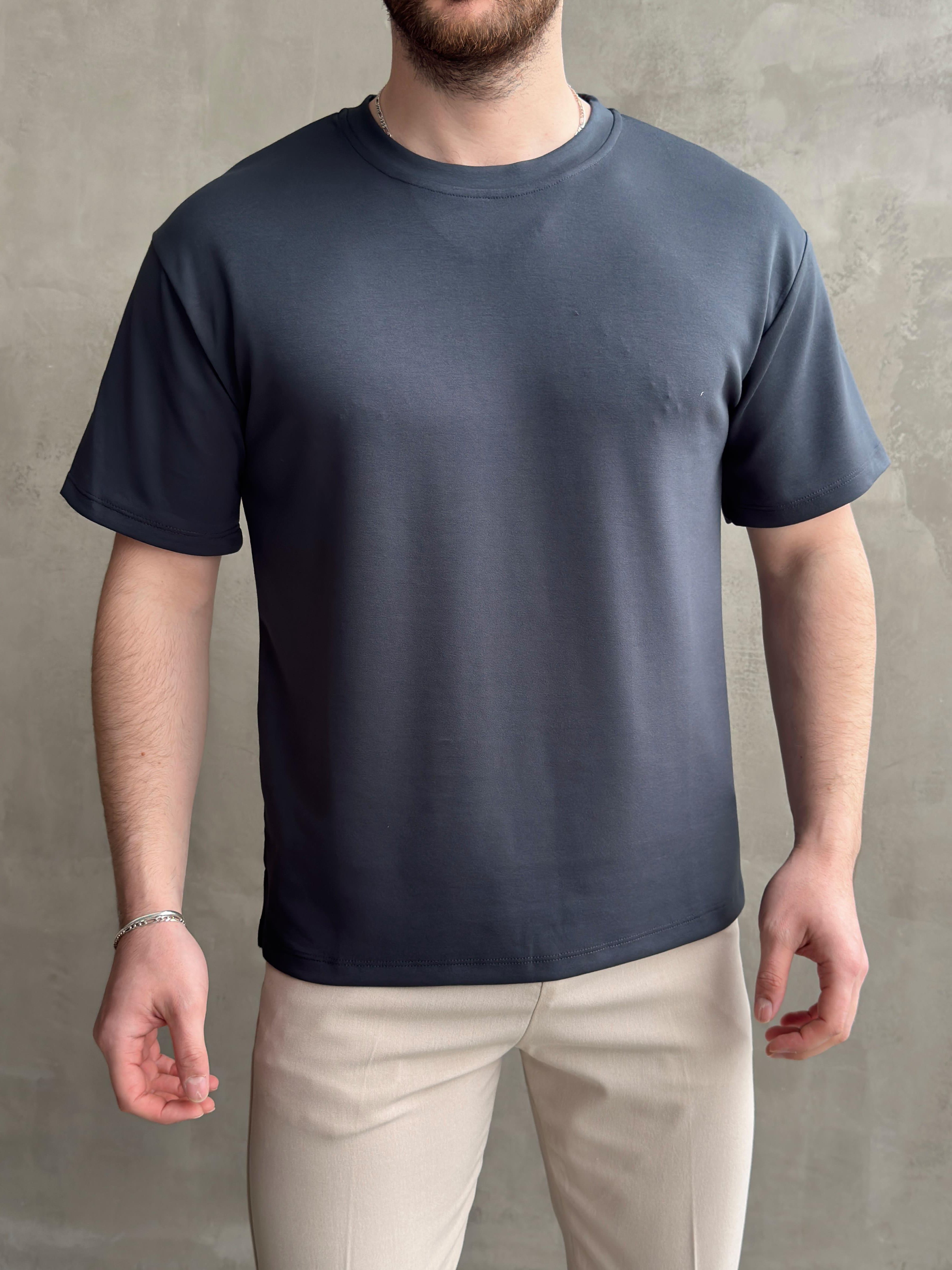 Erkek Elit Kalite Oversize Kalıp Bisiklet Yaka Düz Model T-Shirt-Lacivert(E1689)Ketench