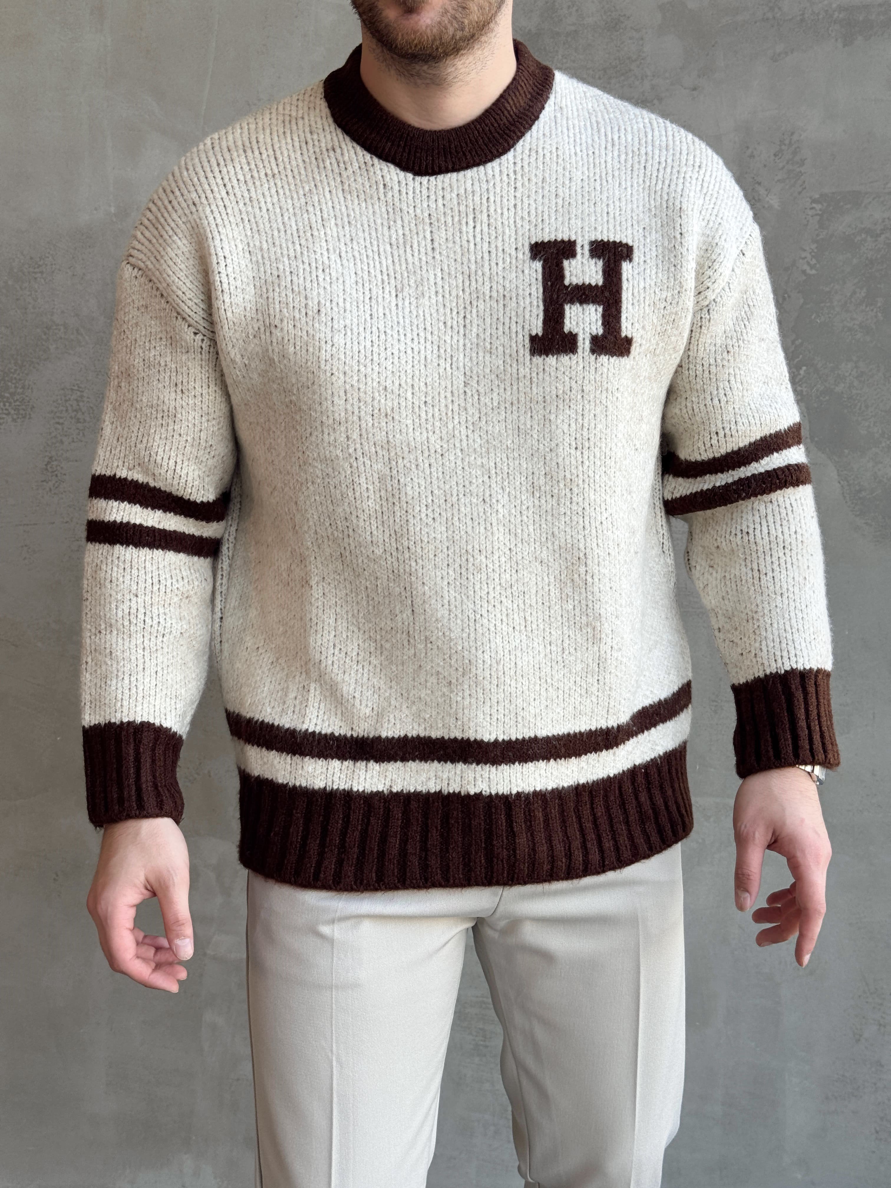 Erkek Elit Kalite Oversize Kalıp Bisiklet Yaka Hell Logo detay Triko Kazak-Bej(E1567)Ketench