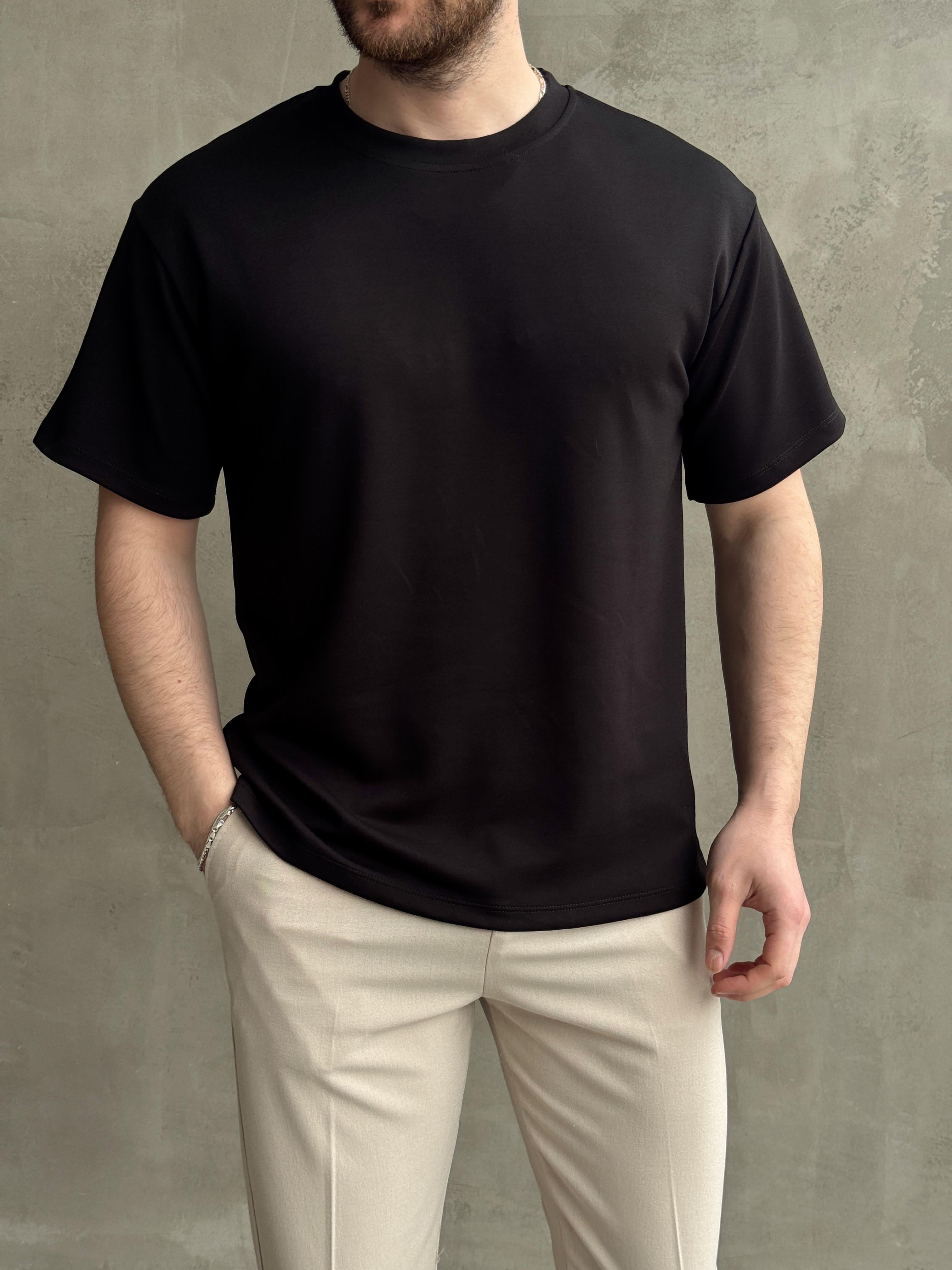 Erkek Elit Kalite Oversize Kalıp Bisiklet Yaka Düz Model T-Shirt-Siyah(E1689)Ketench