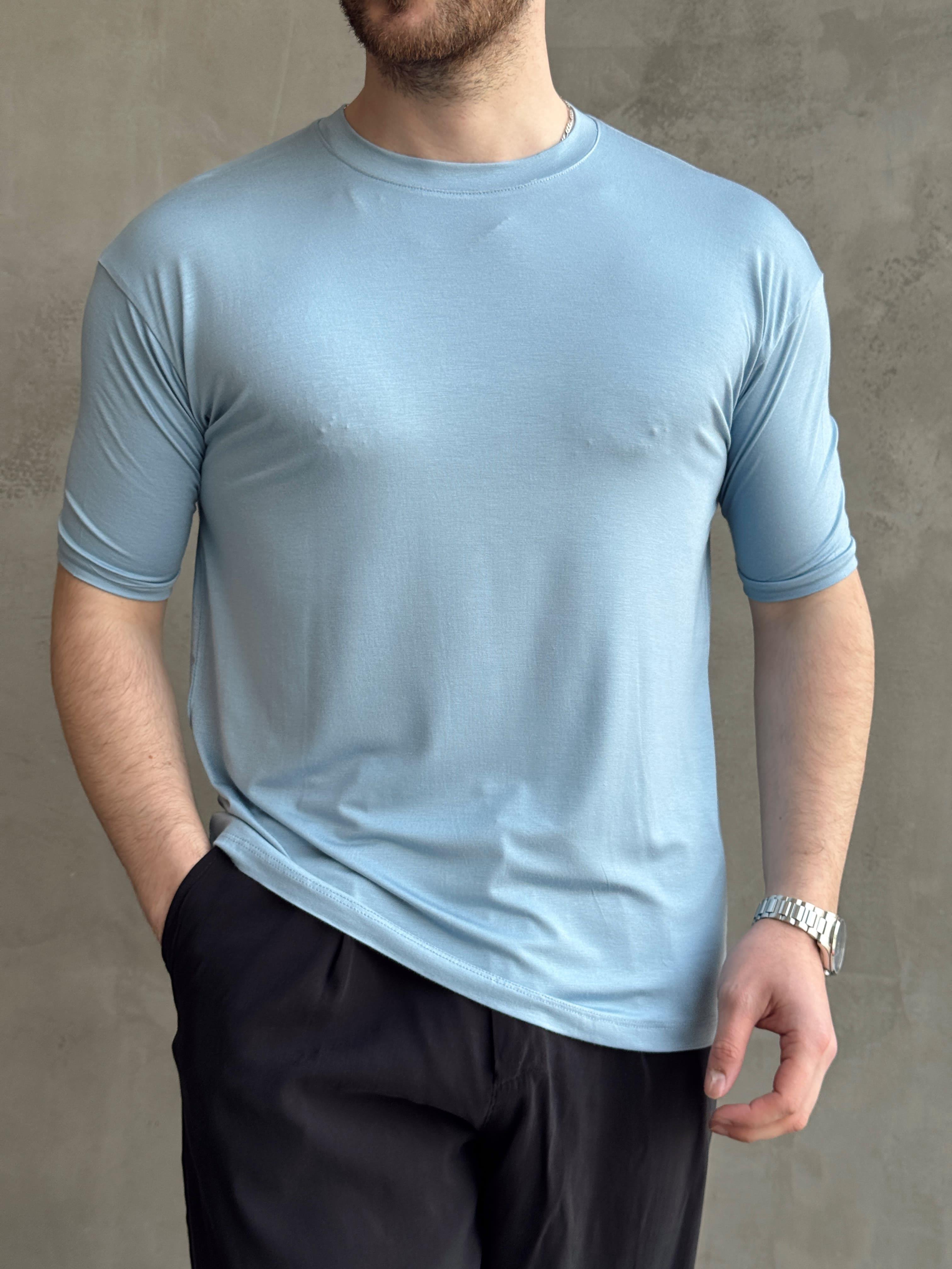 Erkek Elit Kalite Oversize Kalıp Bisiklet Yaka Düz Model T-Shirt-Bebe Mavi(E1652)Ketench
