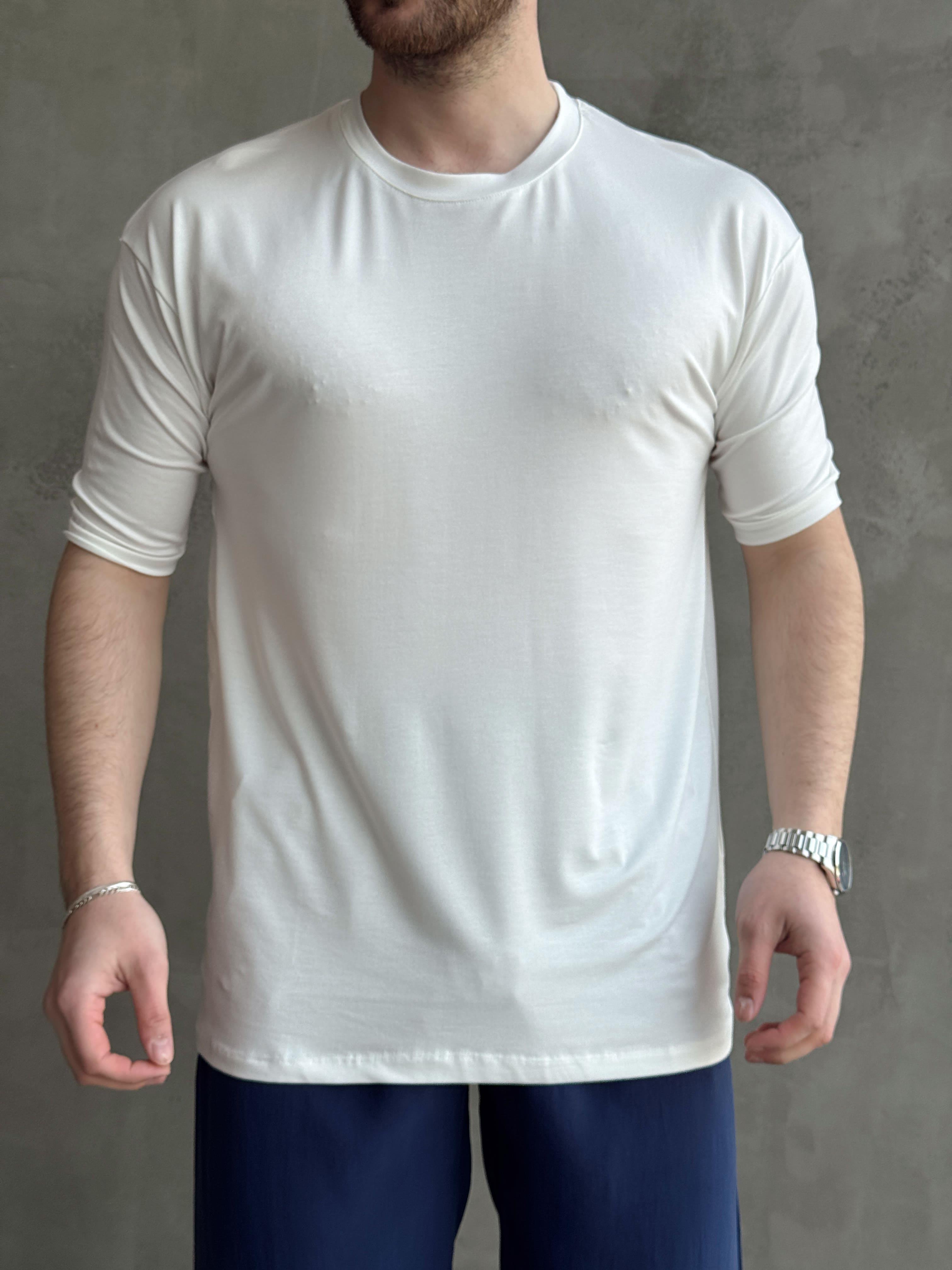 Erkek Elit Kalite Oversize Kalıp Bisiklet Yaka Düz Model T-Shirt-Beyaz(E1652)Ketench