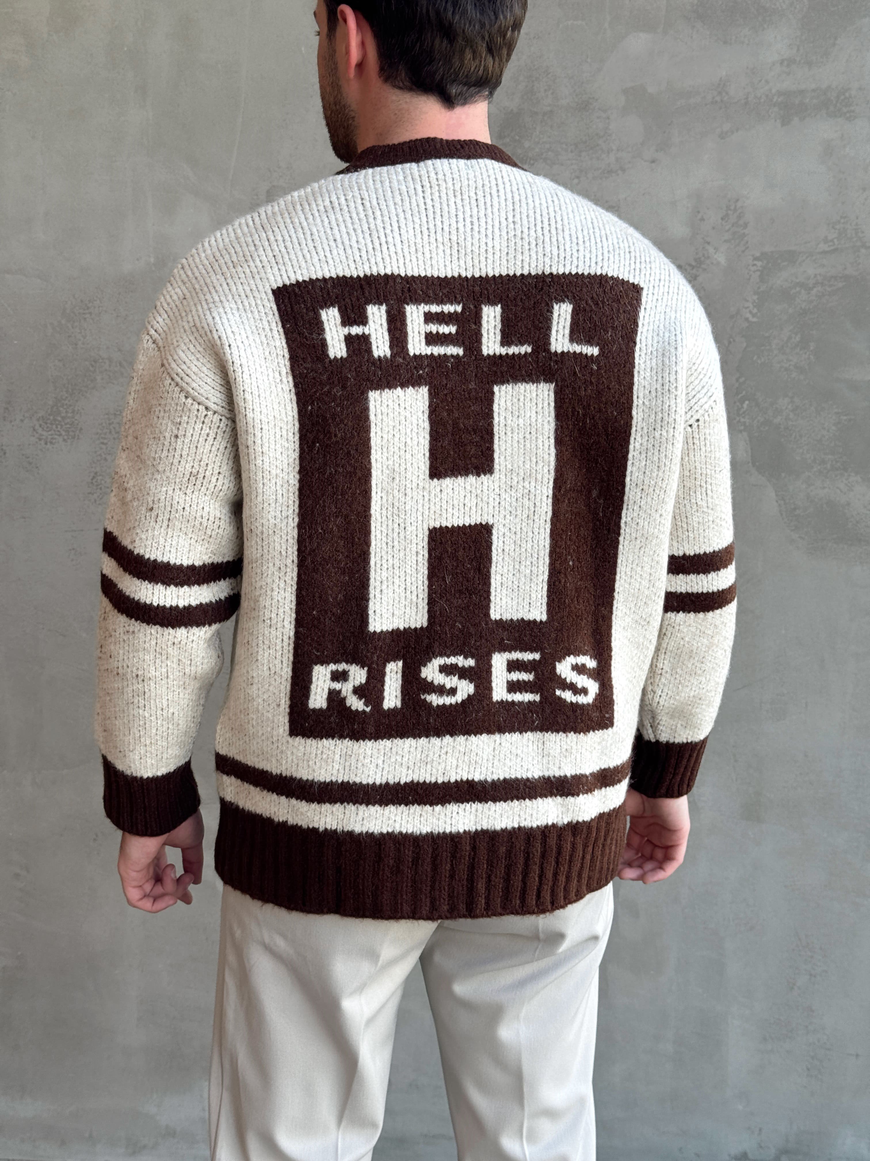 Erkek Elit Kalite Oversize Kalıp Bisiklet Yaka Hell Logo detay Triko Kazak-Bej(E1567)Ketench