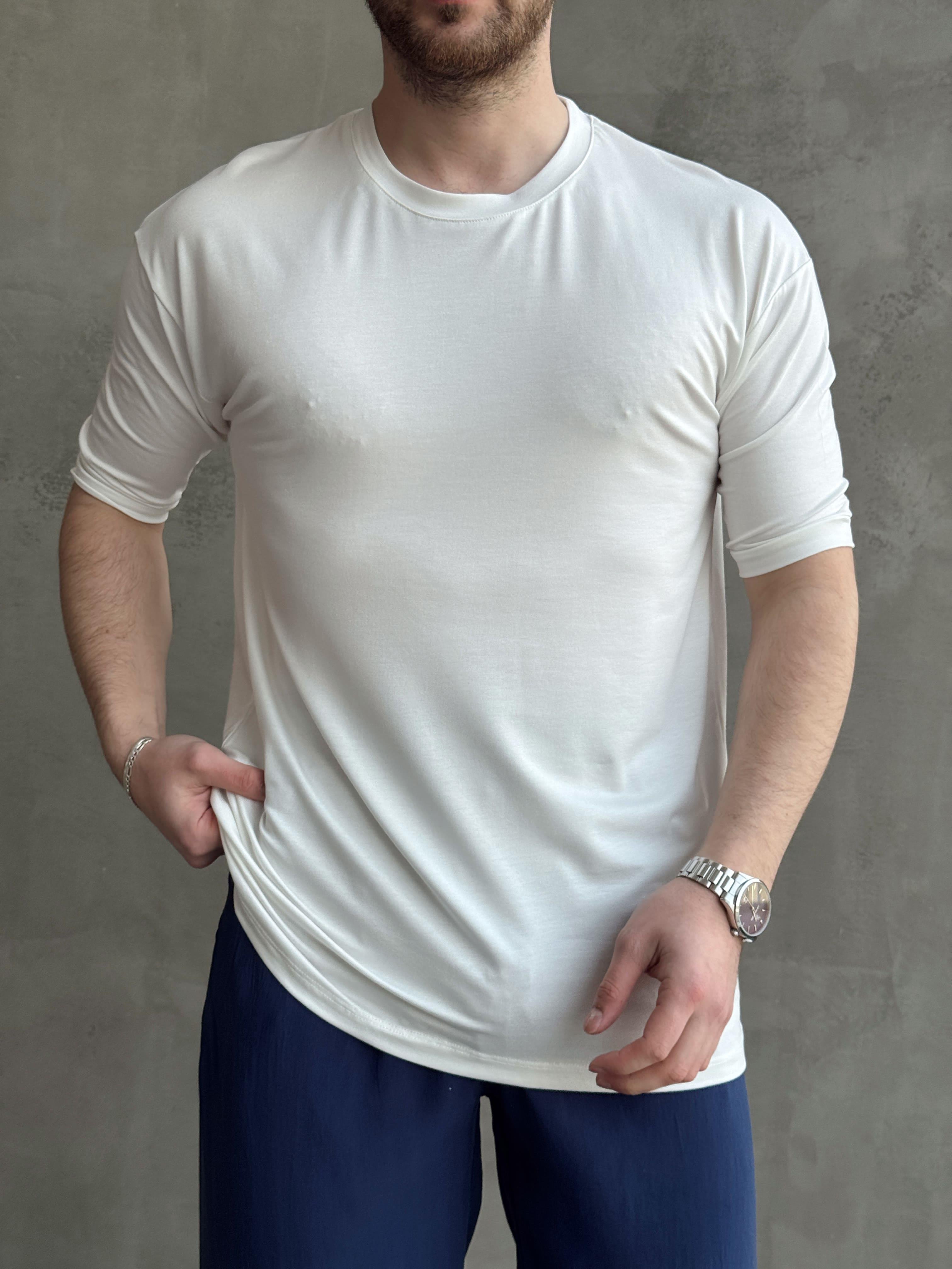 Erkek Elit Kalite Oversize Kalıp Bisiklet Yaka Düz Model T-Shirt-Beyaz(E1652)Ketench