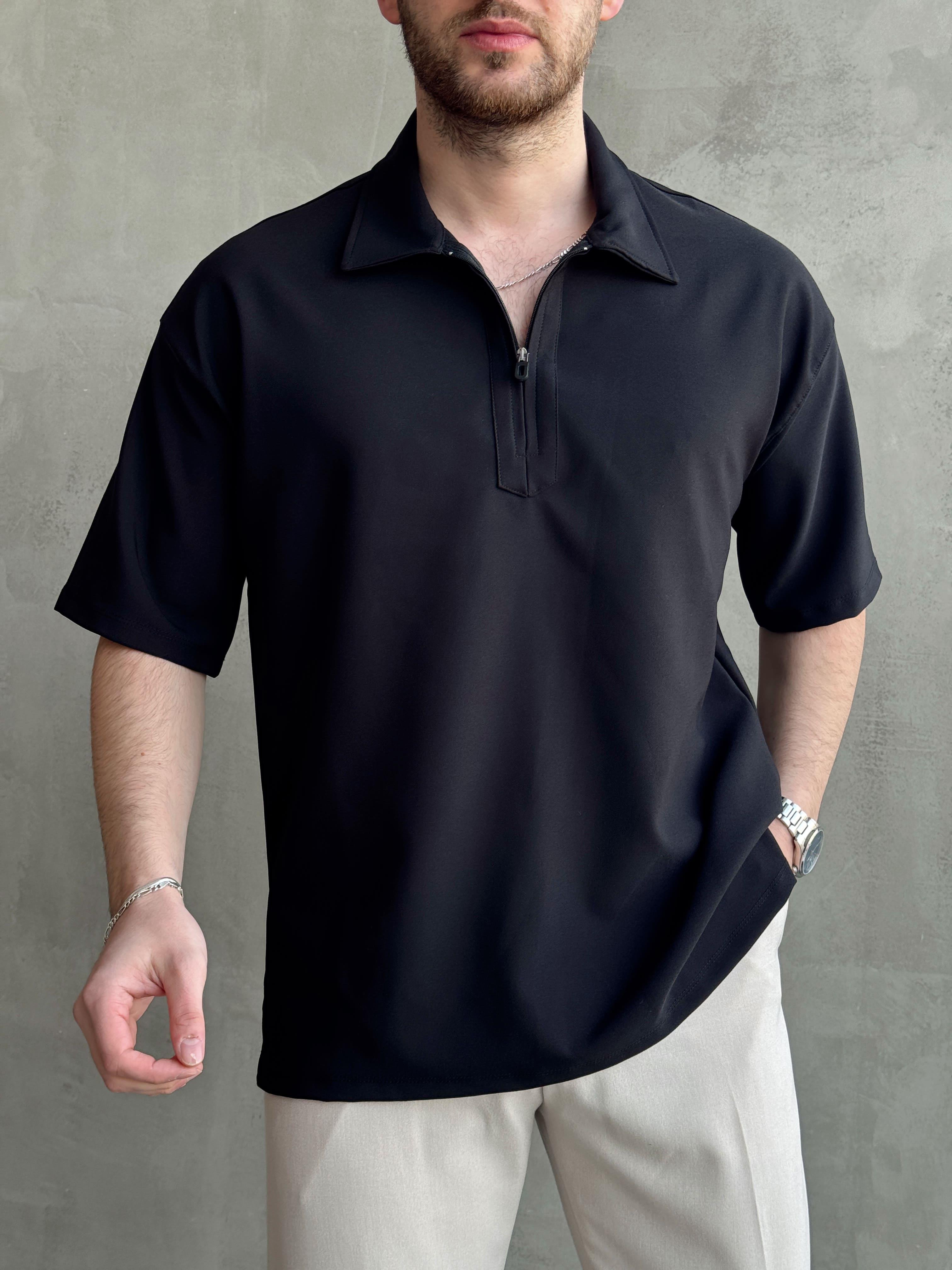Erkek Elit Kalite Oversize Kalıp Fermuar Detaylı Polo Yaka T-Shirt-Siyah(E1651)Ketench