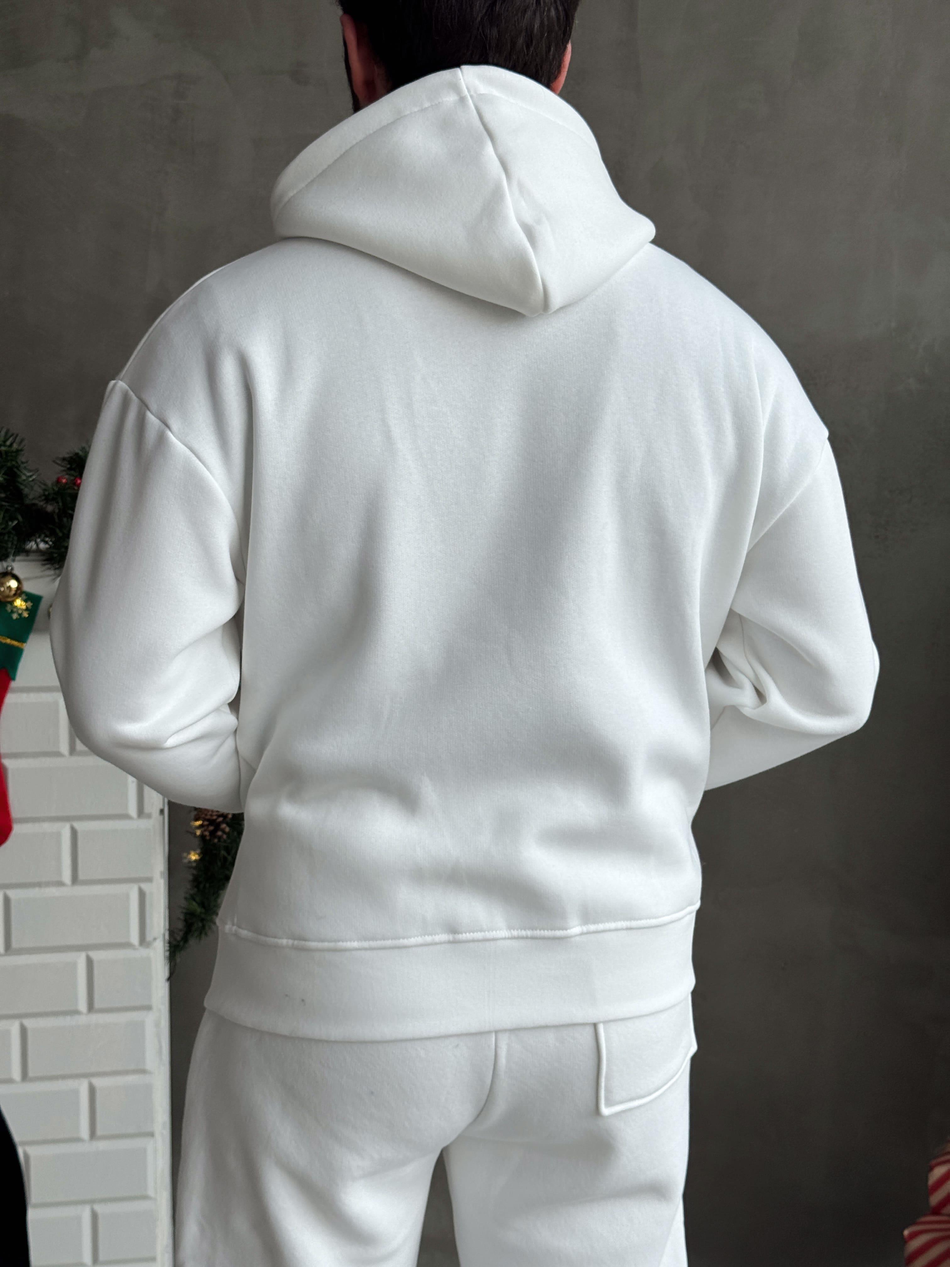 Erkek Elit Kalite Oversize Kalıp Fermuar Detay Kopüşonlu 3 İplik Basic Sweat-Beyaz(E1589)Ketench