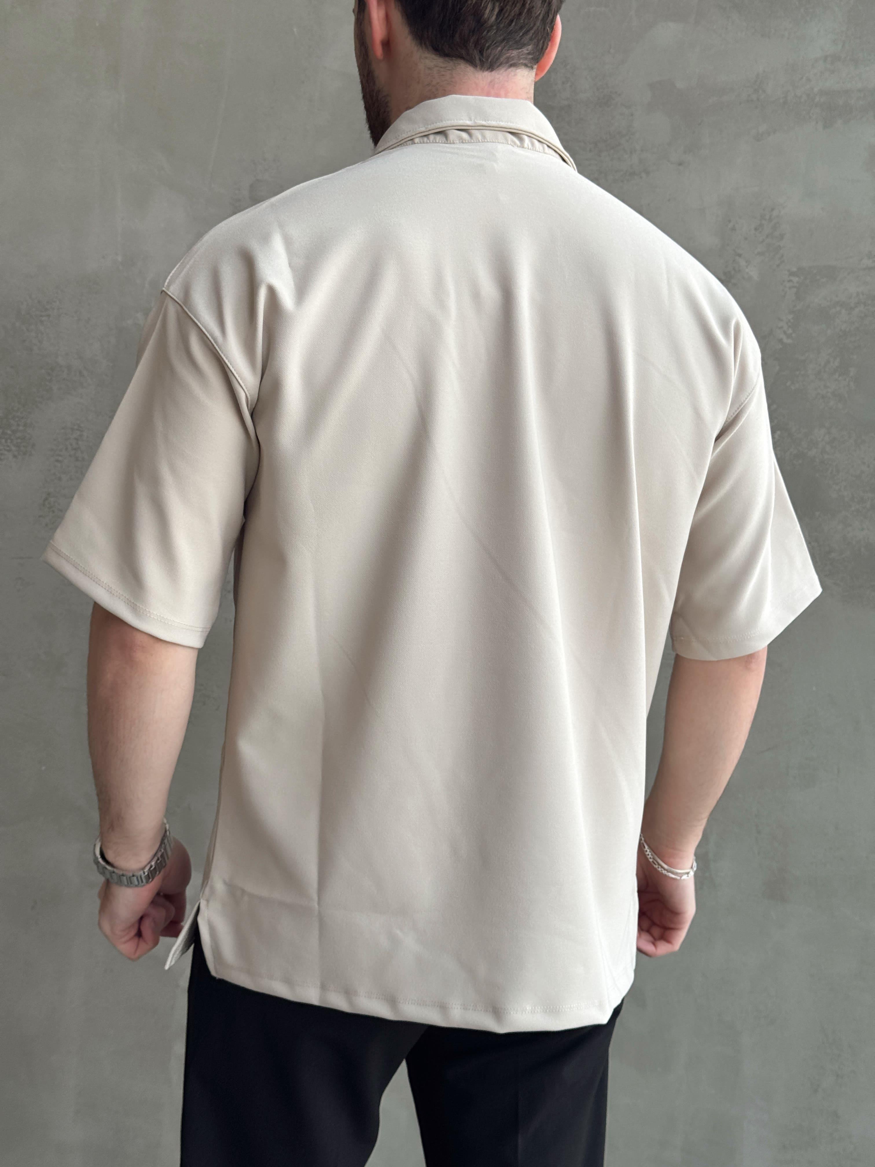 Erkek Elit Kalite Oversize Kalıp Fermuar Detaylı Polo Yaka T-Shirt-Bej(E1651)Ketench