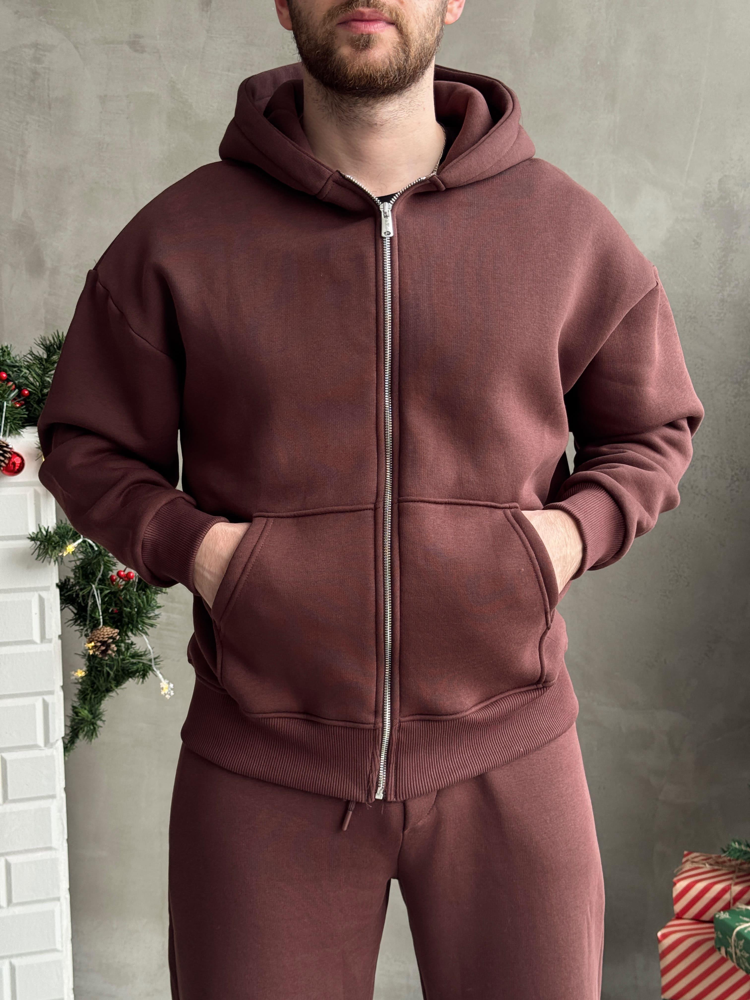 Erkek Elit Kalite Oversize Kalıp Fermuar Detay Kopüşonlu 3 İplik Basic Sweat-Kahverengi(E1589)Ketench