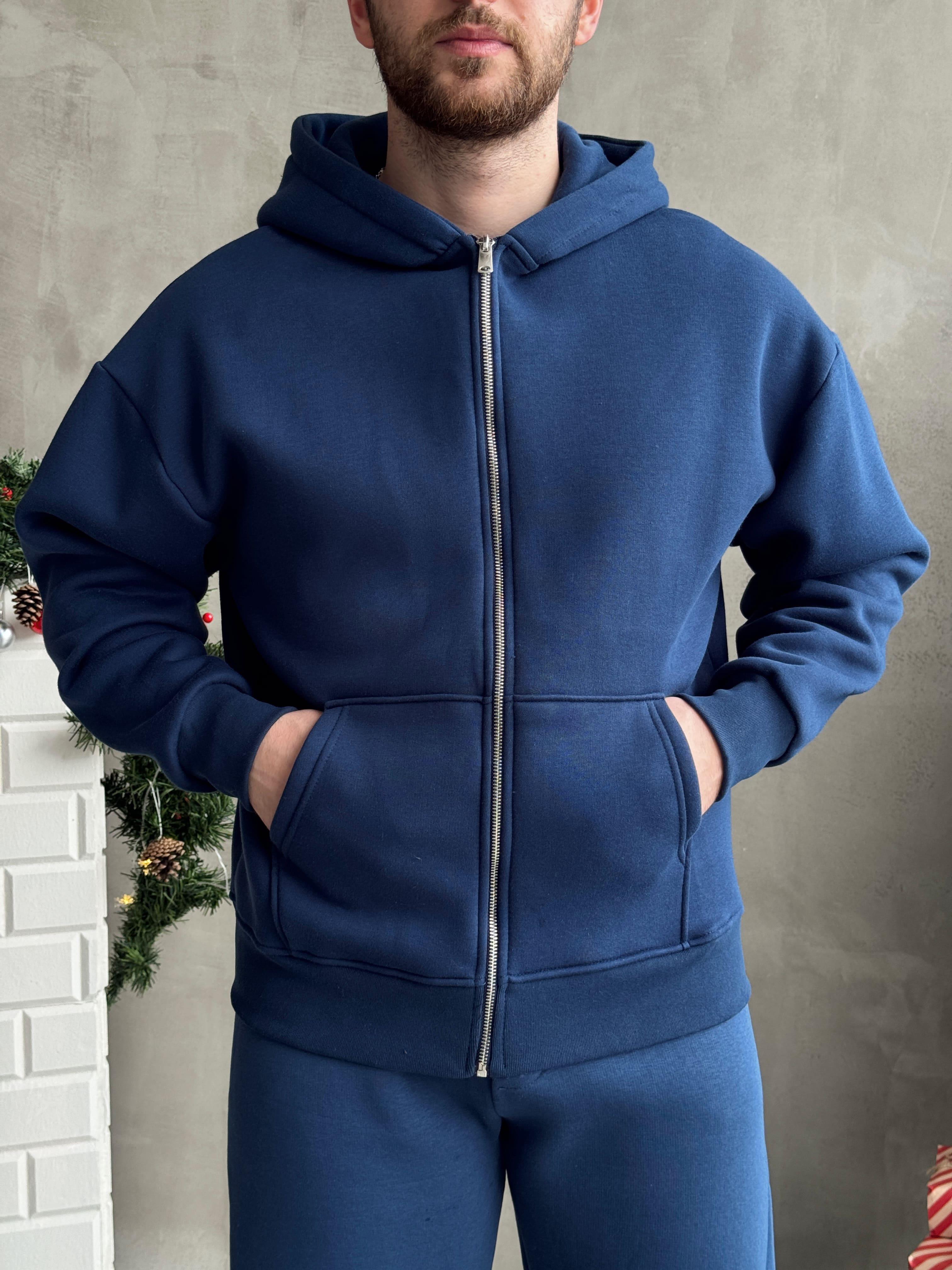 Erkek Elit Kalite Oversize Kalıp Fermuar Detay Kopüşonlu 3 İplik Basic Sweat-Mavi(E1589)Ketench