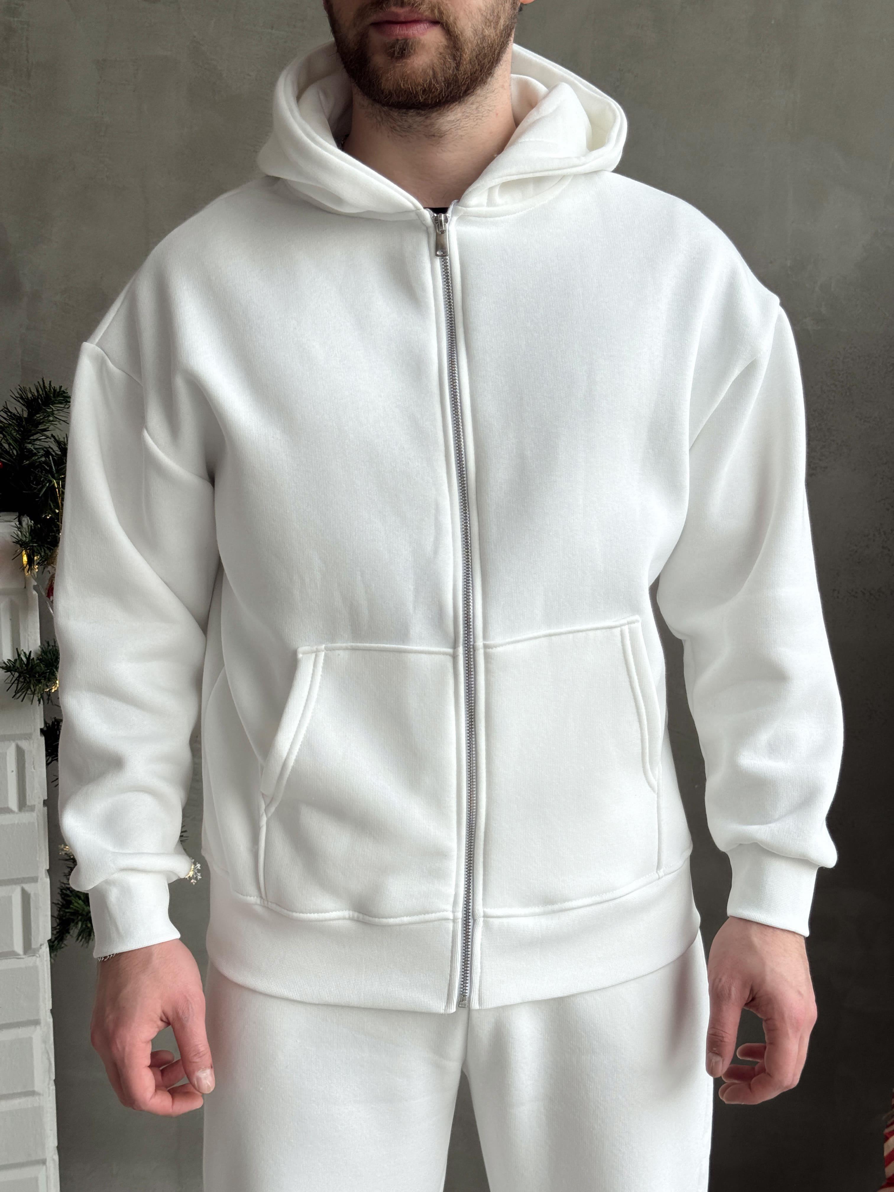 Erkek Elit Kalite Oversize Kalıp Fermuar Detay Kopüşonlu 3 İplik Basic Sweat-Beyaz(E1589)Ketench