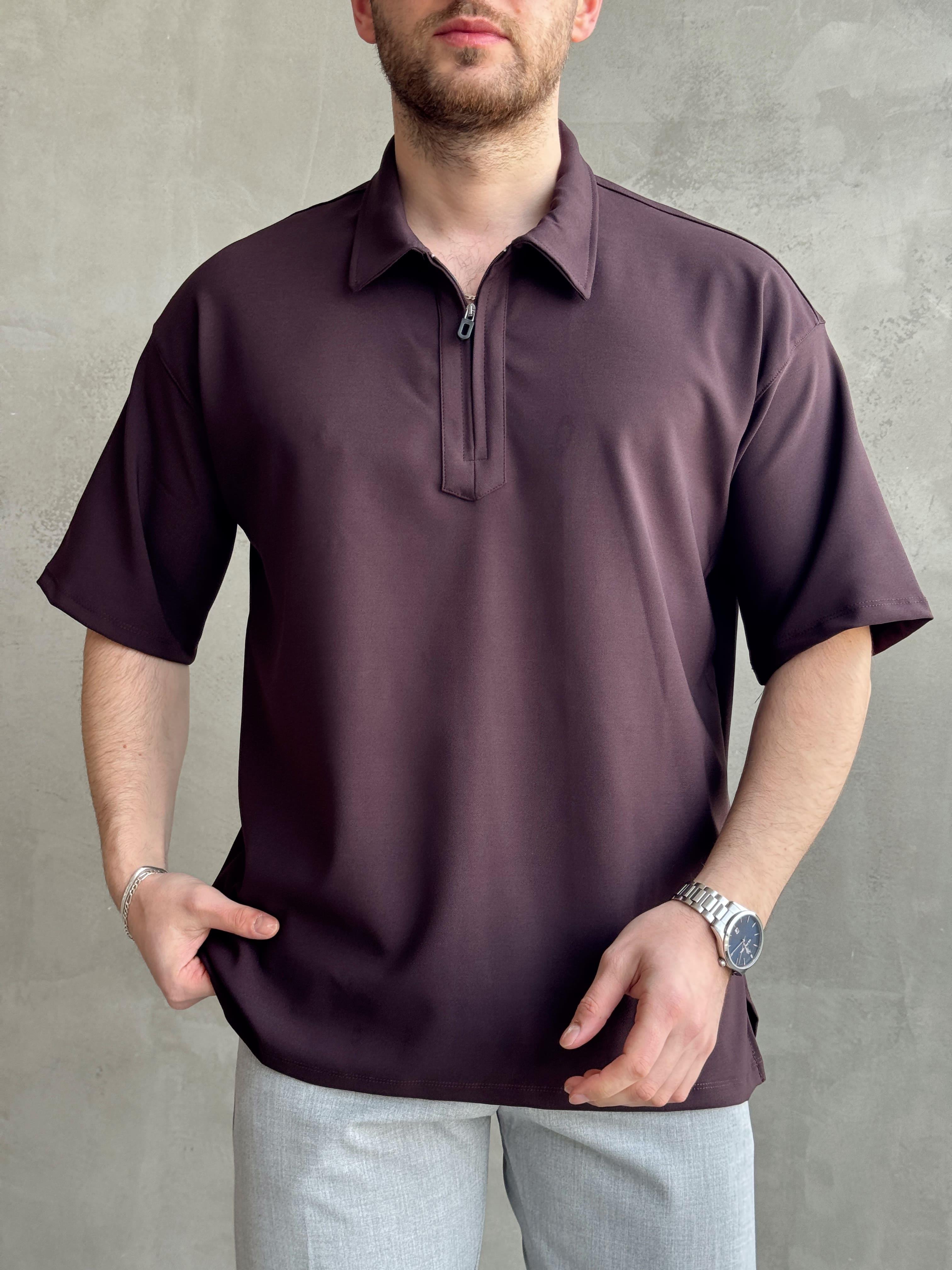 Erkek Elit Kalite Oversize Kalıp Fermuar Detaylı Polo Yaka T-Shirt-Acı Kahve(E1651)Ketench