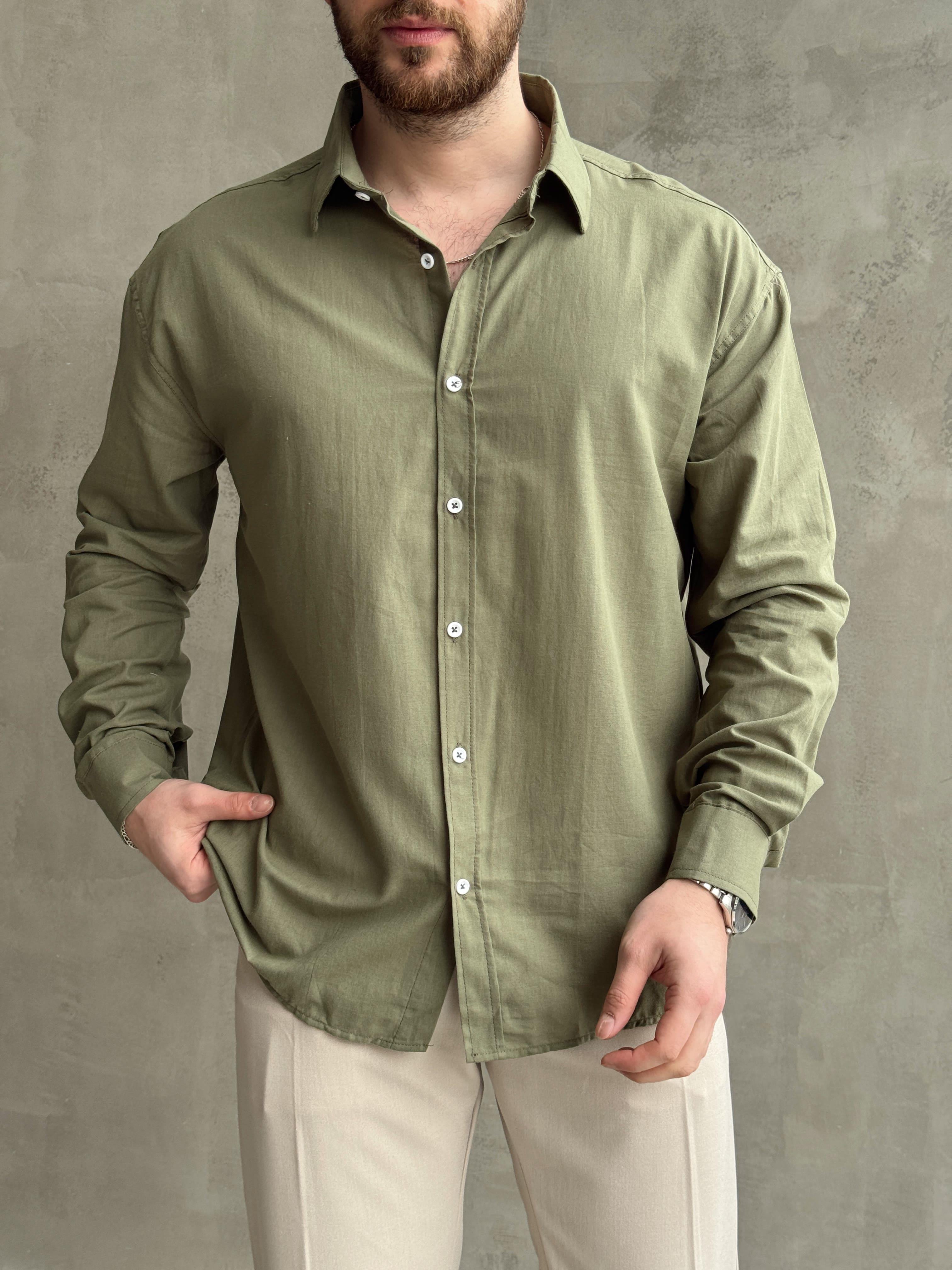 Erkek Elit Kalite Oversize Kalıp Fresh Keten Kumaş Gömlek-Haki(E1677)Ketench