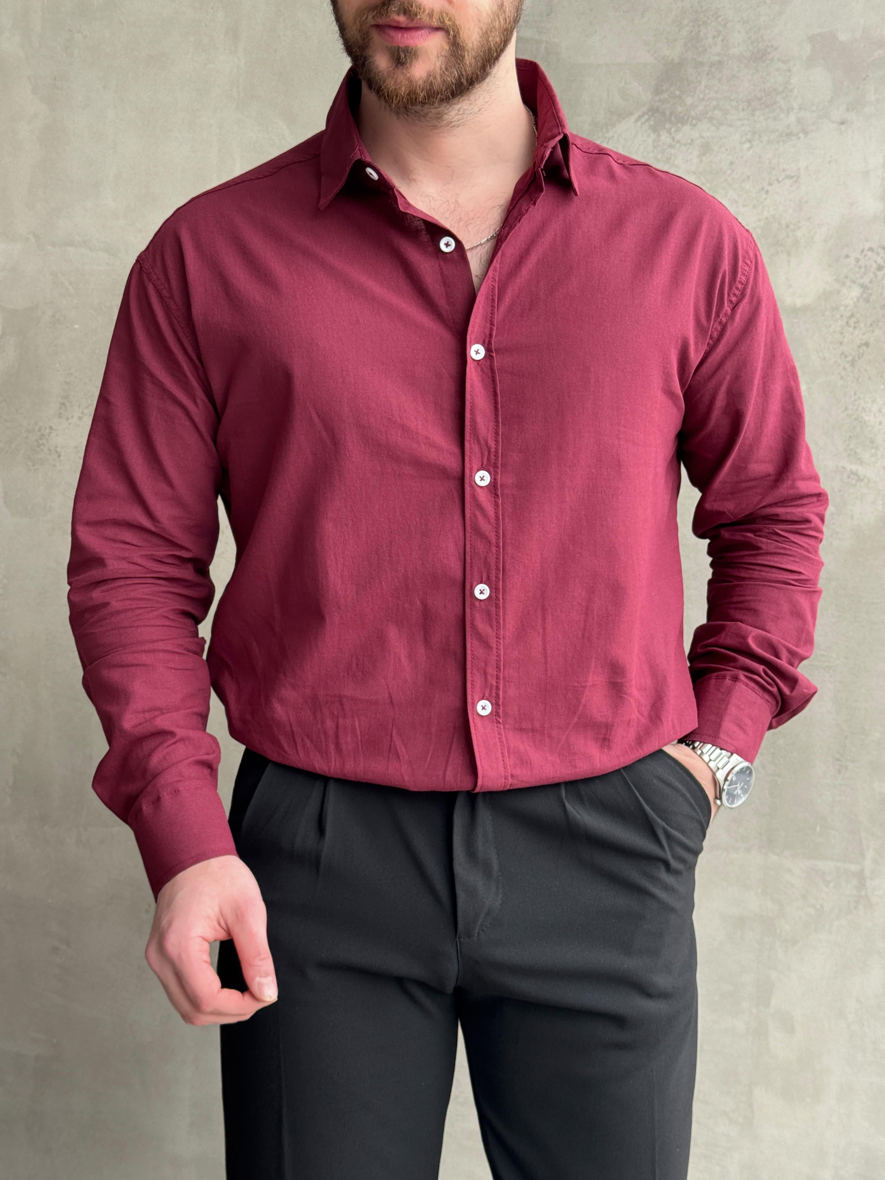 Erkek Elit Kalite Oversize Kalıp Fresh Keten Kumaş Gömlek-Bordo(E1677)Ketench