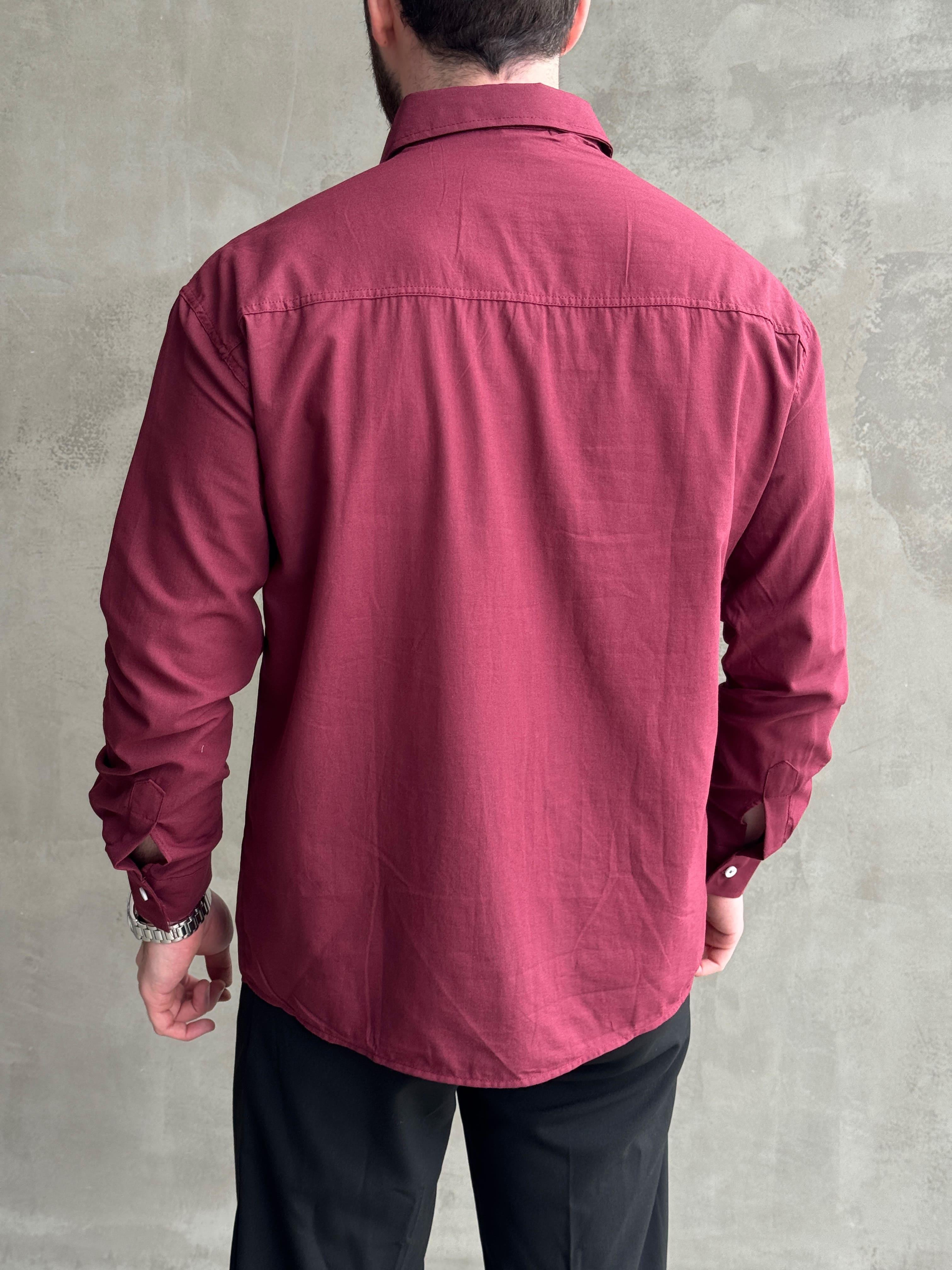 Erkek Elit Kalite Oversize Kalıp Fresh Keten Kumaş Gömlek-Bordo(E1677)Ketench