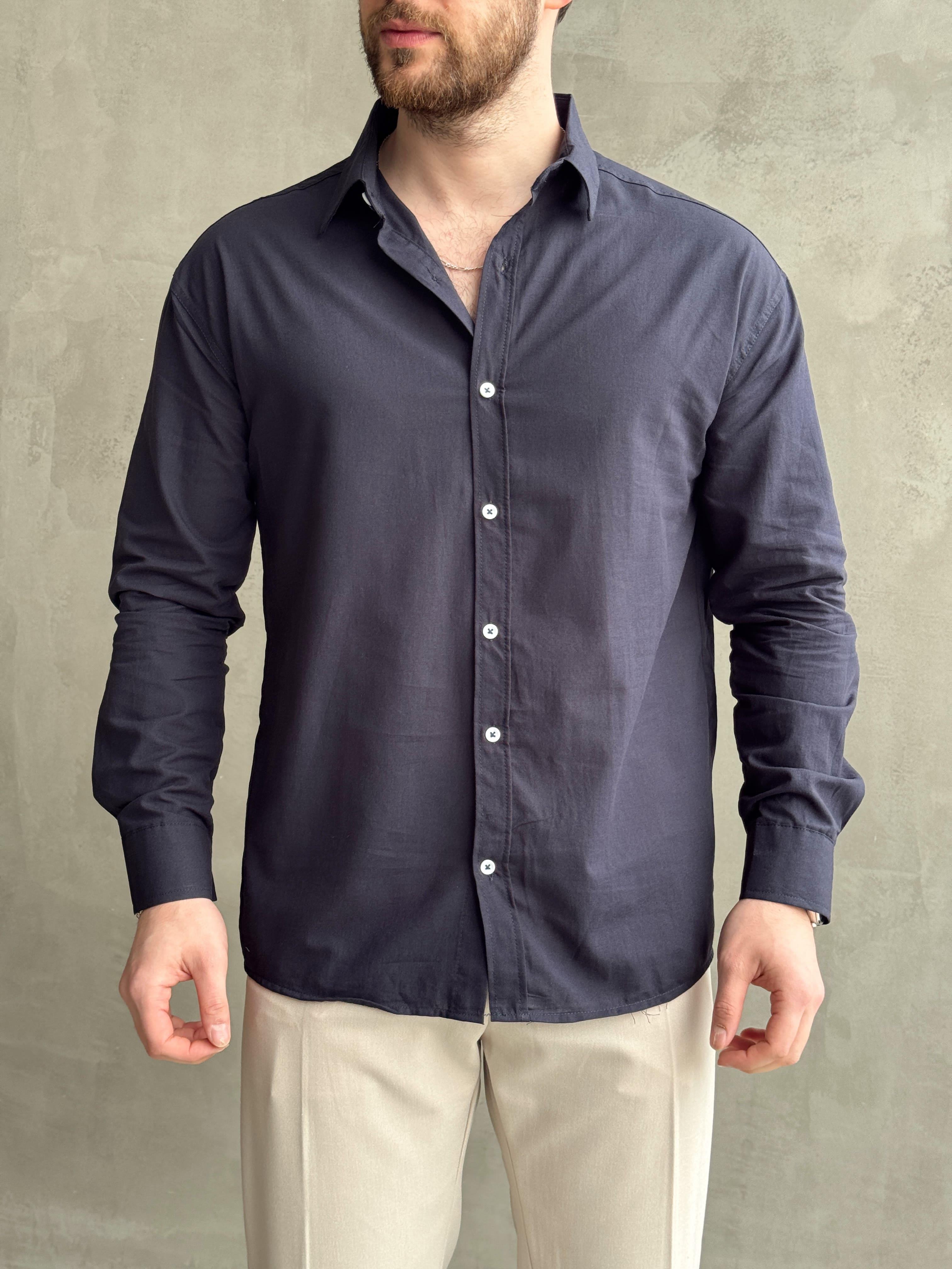 Erkek Elit Kalite Oversize Kalıp Fresh Keten Kumaş Gömlek-Lacivert(E1677)Ketench
