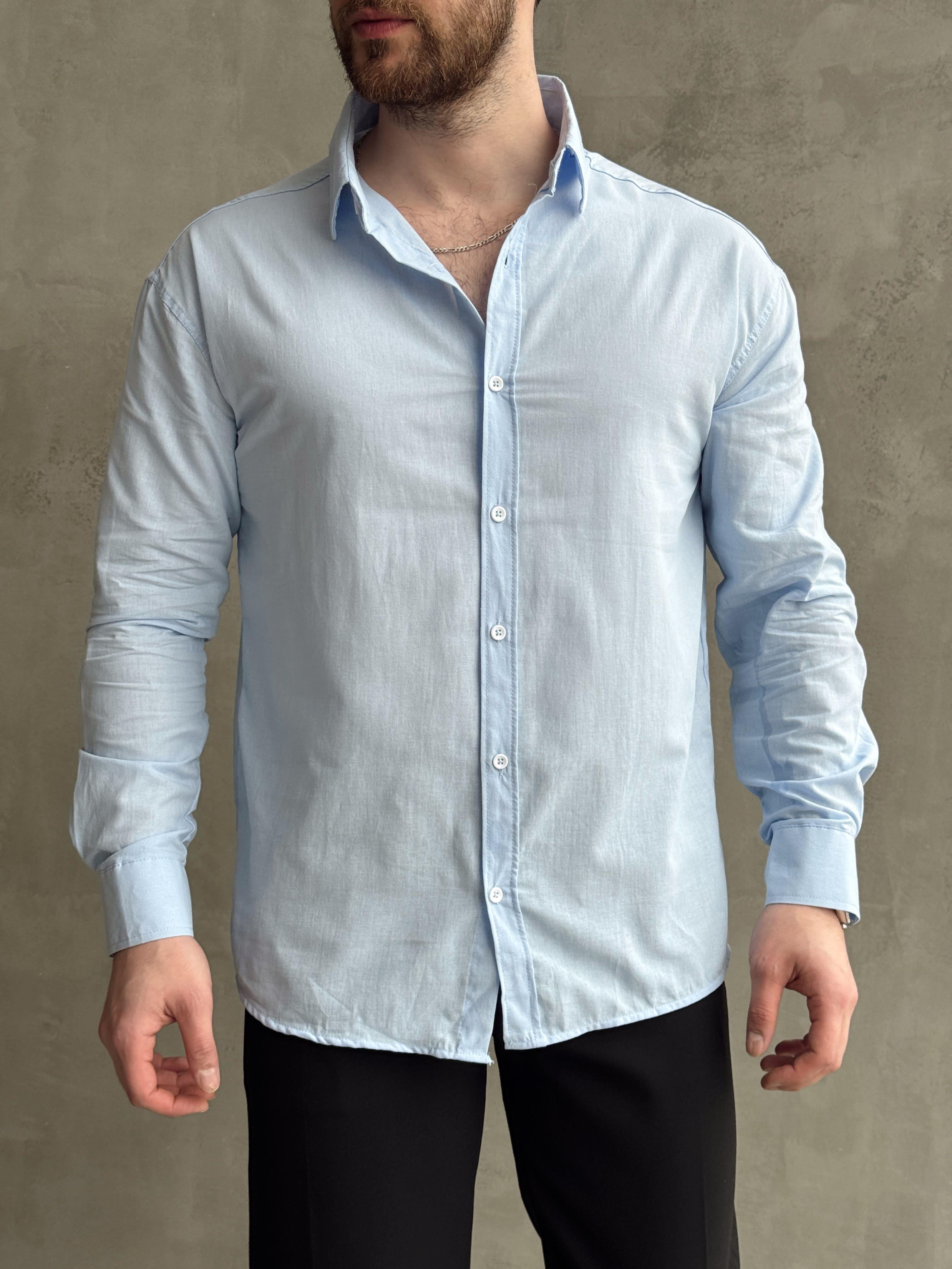 Erkek Elit Kalite Oversize Kalıp Fresh Keten Kumaş Gömlek-Bebe Mavi(E1677)Ketench