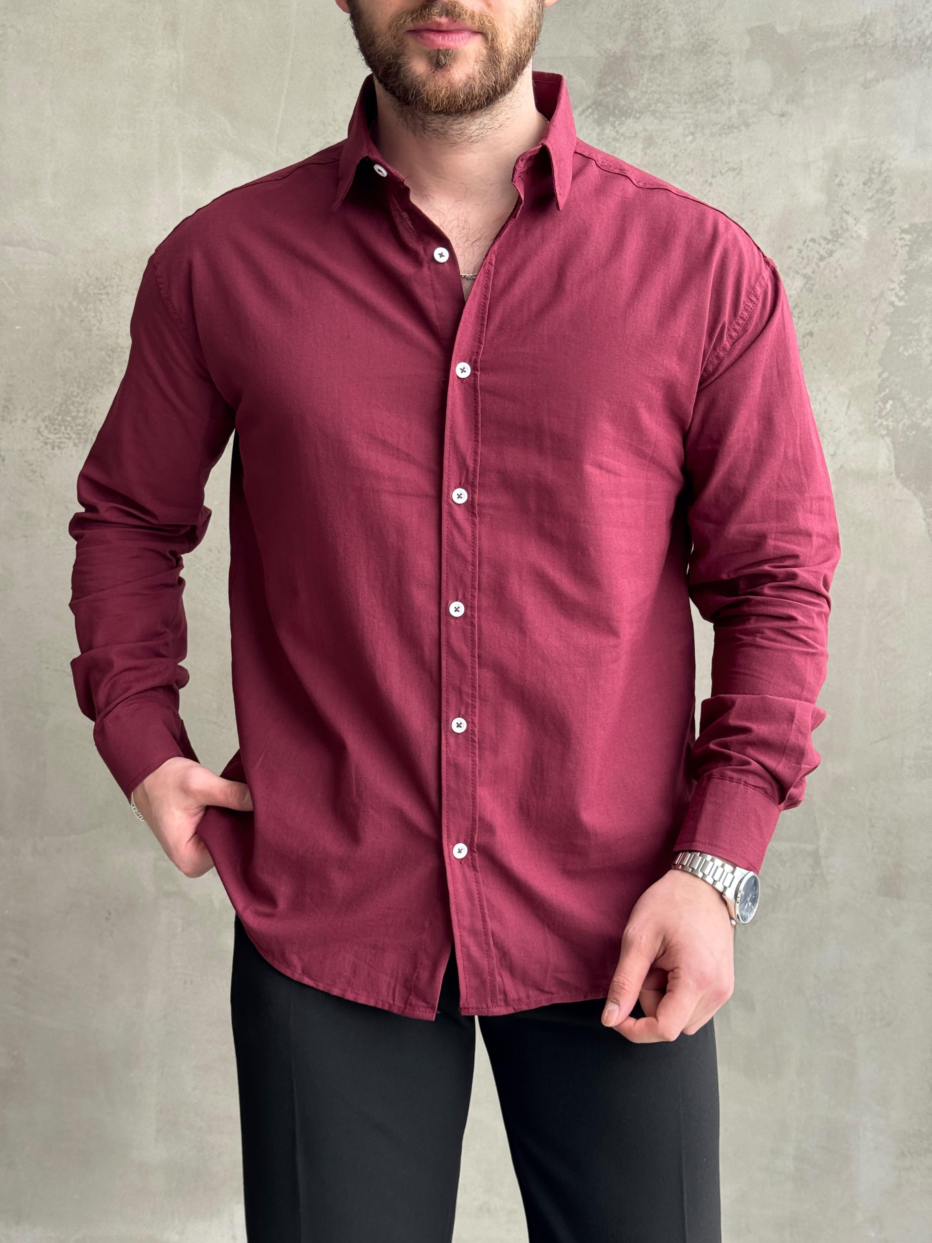 Erkek Elit Kalite Oversize Kalıp Fresh Keten Kumaş Gömlek-Bordo(E1677)Ketench